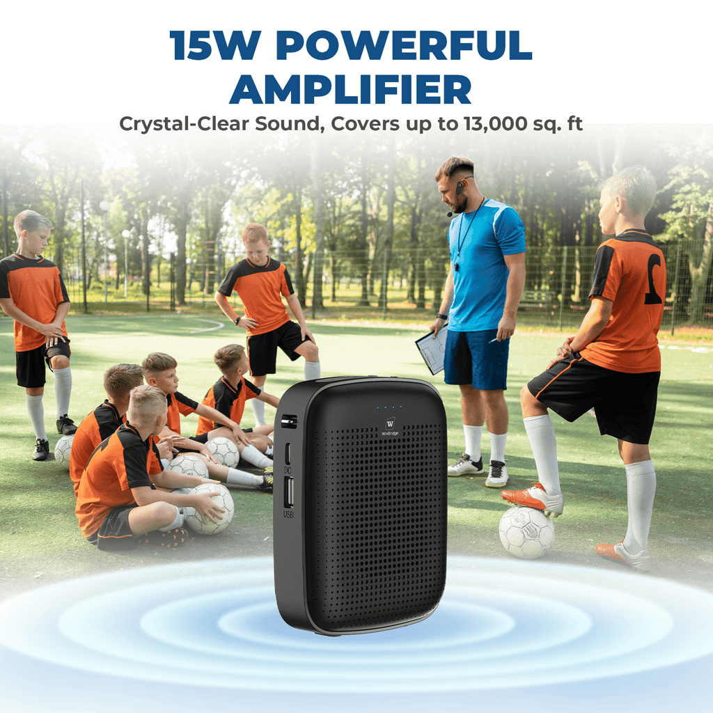 WinBridge A002 Wireless Bluetooth Voice Amplifier for Teachers – 15W Portable Mini Amplifier with Wireless Microphone Headset, Personal Mic for Classroom, Teaching, Training & Public Speaking - WinBridge