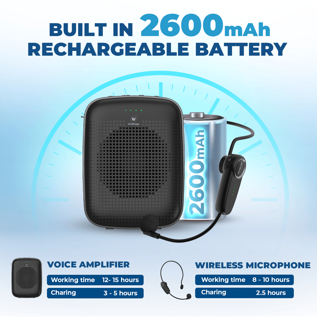 WinBridge A002 Wireless Bluetooth Voice Amplifier for Teachers – 15W Portable Mini Amplifier with Wireless Microphone Headset, Personal Mic for Classroom, Teaching, Training & Public Speaking - WinBridge