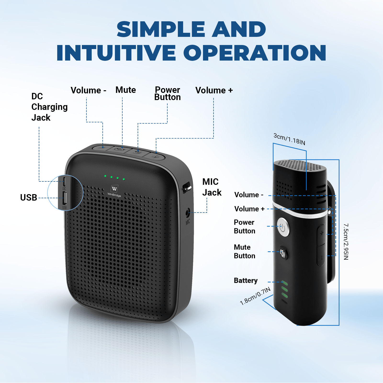 WinBridge A006 Voice Amplifier with Wireless Lapel Microphone - Personal Megaphone for Teachers, 15W Portable Mini Bluetooth PA System and Clip - on Lavalier Mic for Classroom, Speech, Yoga, Tour Guide - WinBridge