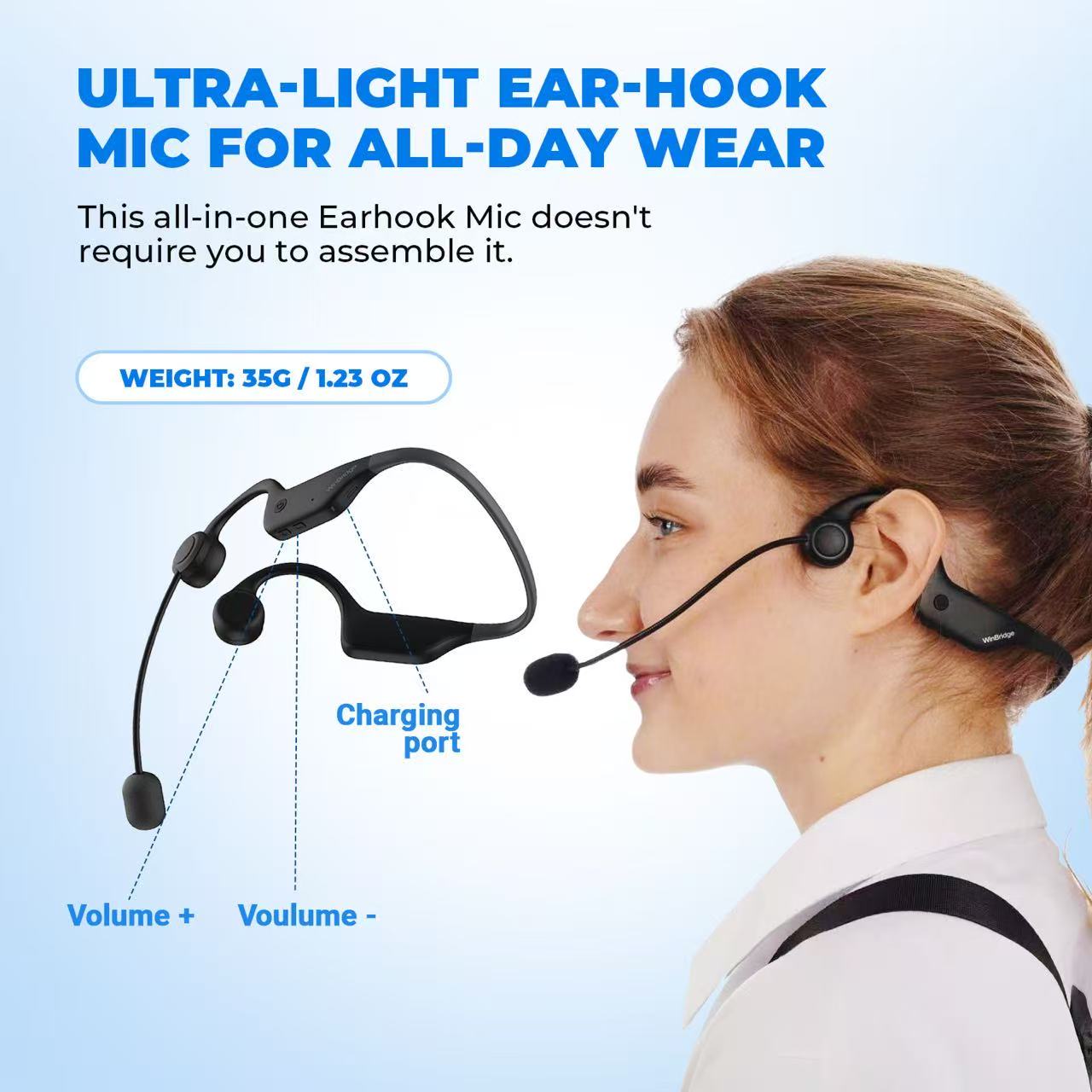 WinBridge A007 Voice Amplifier Wireless Earhook Microphone, Porable Mic and Speaker for Teachers, 15W Mini Personal PA System Megaphone Speaker for Fitness Coach, Tour Guide, Public Speaking - WinBridge