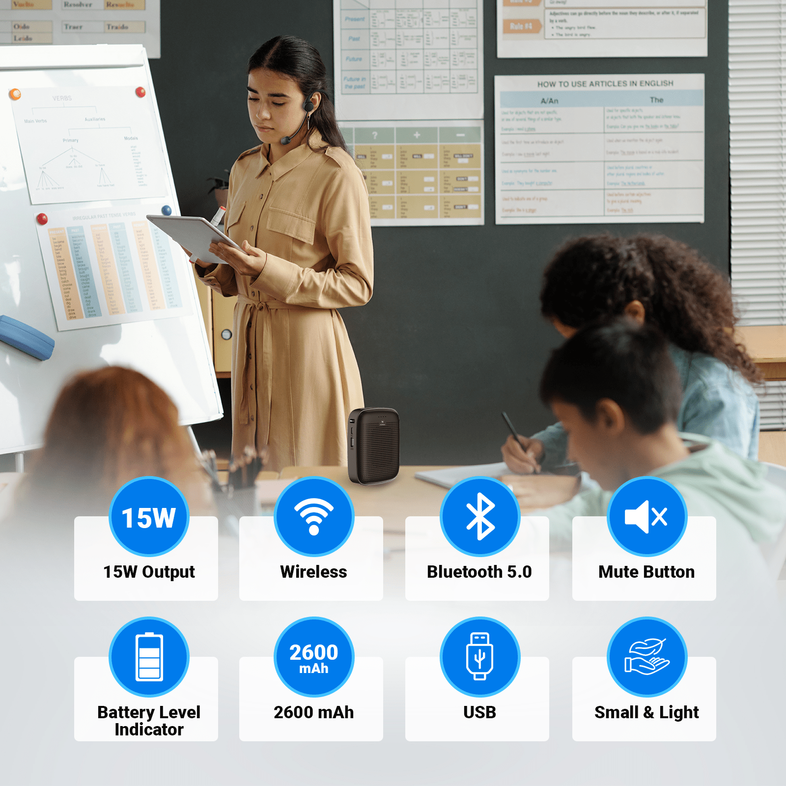 WinBridge A007 Voice Amplifier Wireless Earhook Microphone, Porable Mic and Speaker for Teachers, 15W Mini Personal PA System Megaphone Speaker for Fitness Coach, Tour Guide, Public Speaking - WinBridge