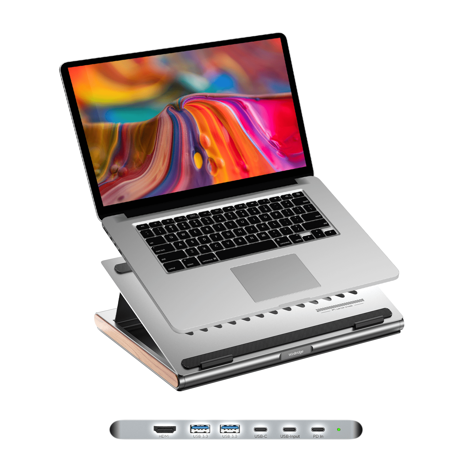 WinBridge Aluminum Alloy Laptop Stand with 6 - in 1 USB C Hub for Desk, 4K HDMI, 2 USB 3.0, 100W PD Charging, Stable & Ventilated, Adjustable Height, Fits All MacBook, Laptops up to 15.6 inches - WinBridge