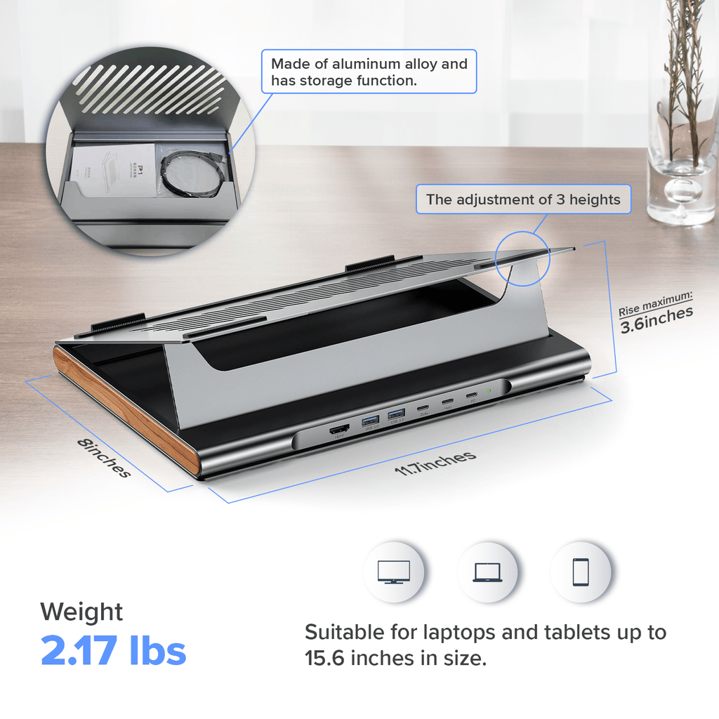 WinBridge Aluminum Alloy Laptop Stand with 6 - in 1 USB C Hub for Desk, 4K HDMI, 2 USB 3.0, 100W PD Charging, Stable & Ventilated, Adjustable Height, Fits All MacBook, Laptops up to 15.6 inches - WinBridge