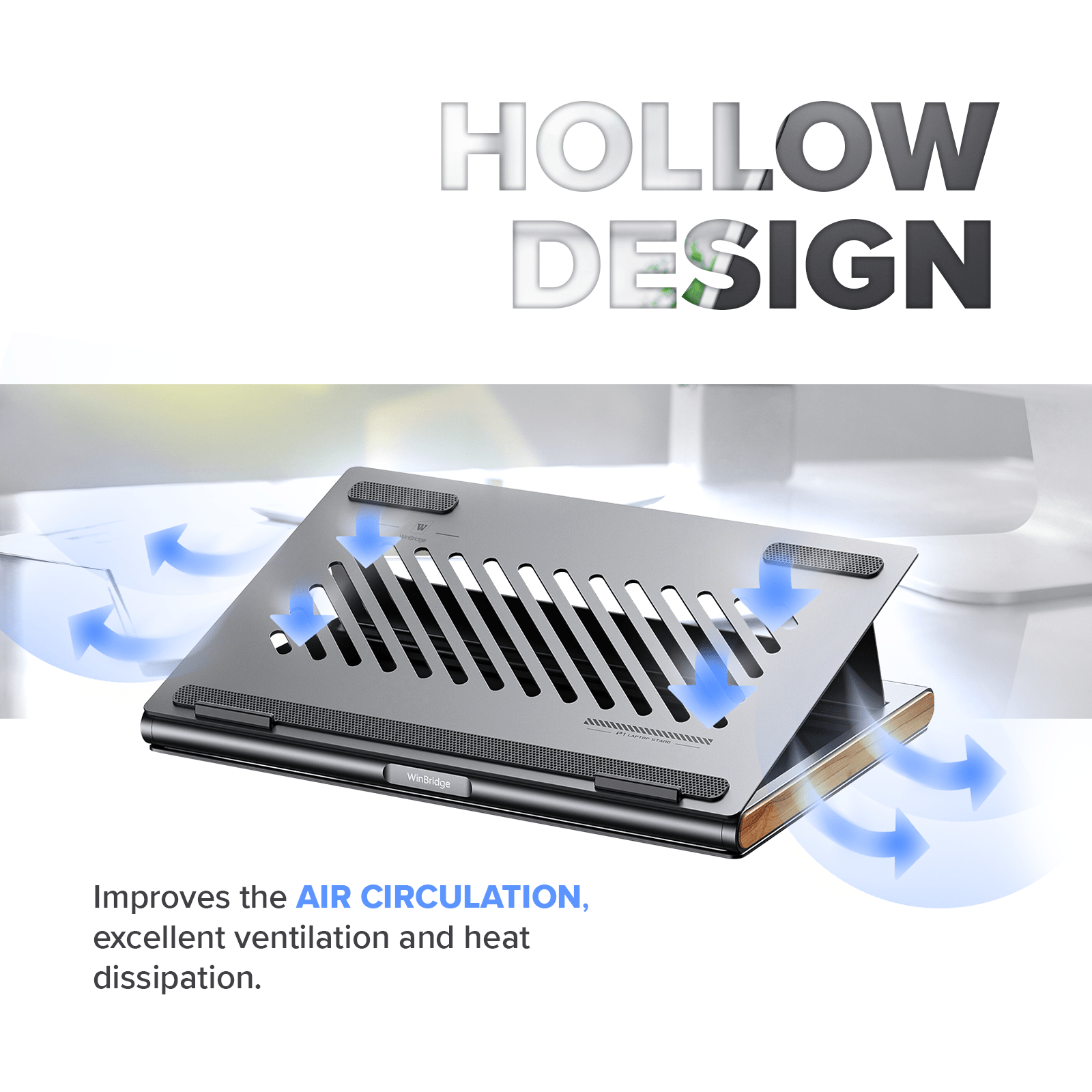 WinBridge Aluminum Alloy Laptop Stand with 6 - in 1 USB C Hub for Desk, 4K HDMI, 2 USB 3.0, 100W PD Charging, Stable & Ventilated, Adjustable Height, Fits All MacBook, Laptops up to 15.6 inches - WinBridge