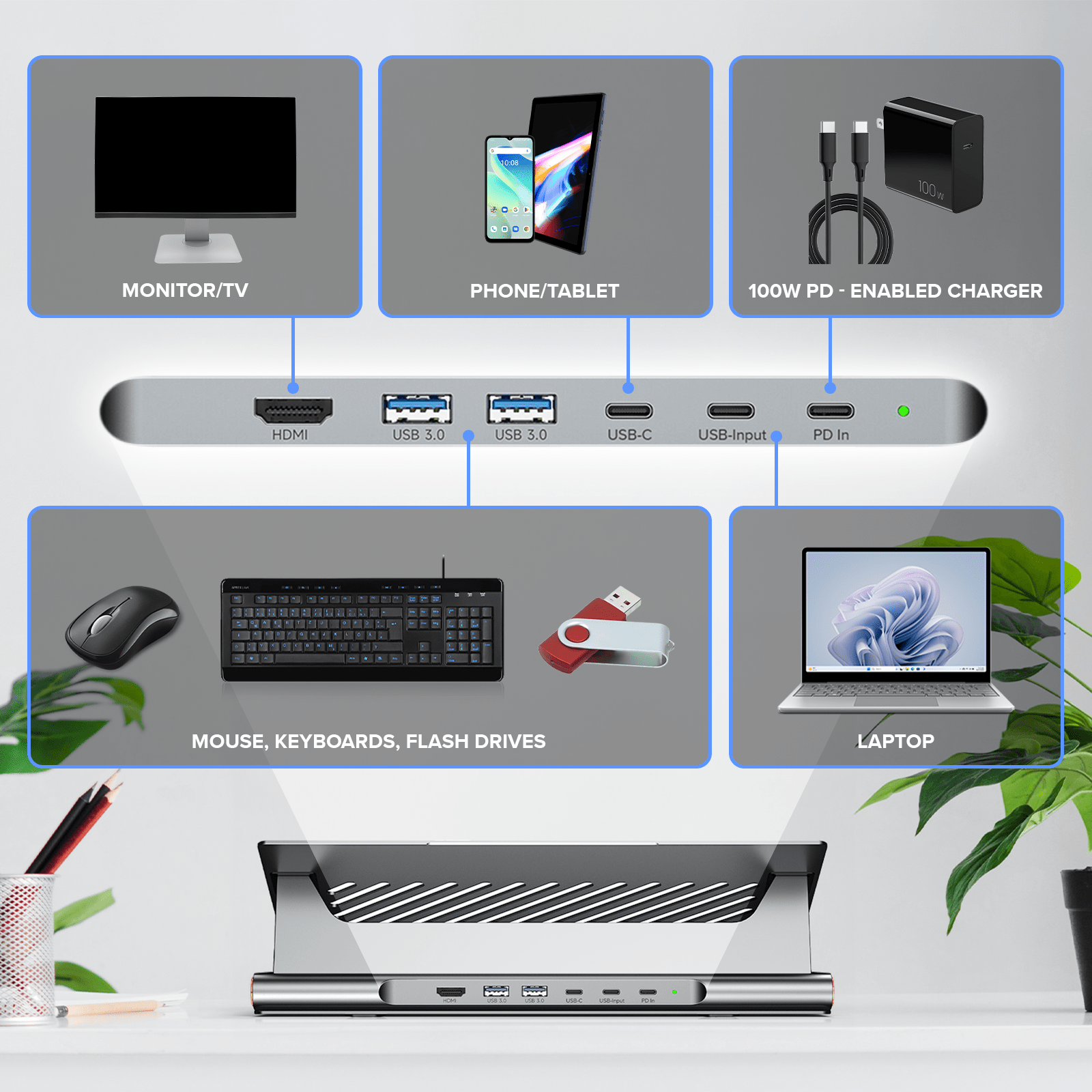 WinBridge Aluminum Alloy Laptop Stand with 6 - in 1 USB C Hub for Desk, 4K HDMI, 2 USB 3.0, 100W PD Charging, Stable & Ventilated, Adjustable Height, Fits All MacBook, Laptops up to 15.6 inches - WinBridge