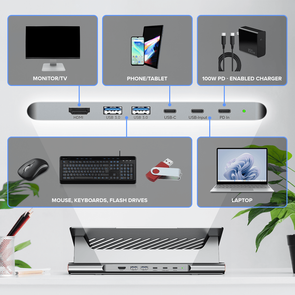 WinBridge Aluminum Alloy Laptop Stand with 6 - in 1 USB C Hub for Desk, 4K HDMI, 2 USB 3.0, 100W PD Charging, Stable & Ventilated, Adjustable Height, Fits All MacBook, Laptops up to 15.6 inches - WinBridge