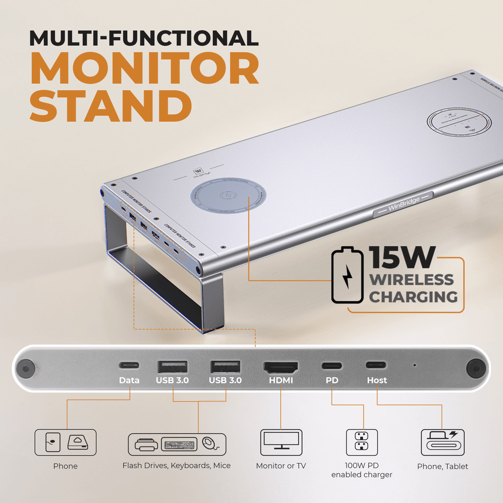 WinBridge Aluminum Monitor Stand with Wireless Charging, 6 - in - 1 USB - C Docking Station, Drawer, Desk Organizer for PC Monitor/Laptop Up to 27 inches - WinBridge