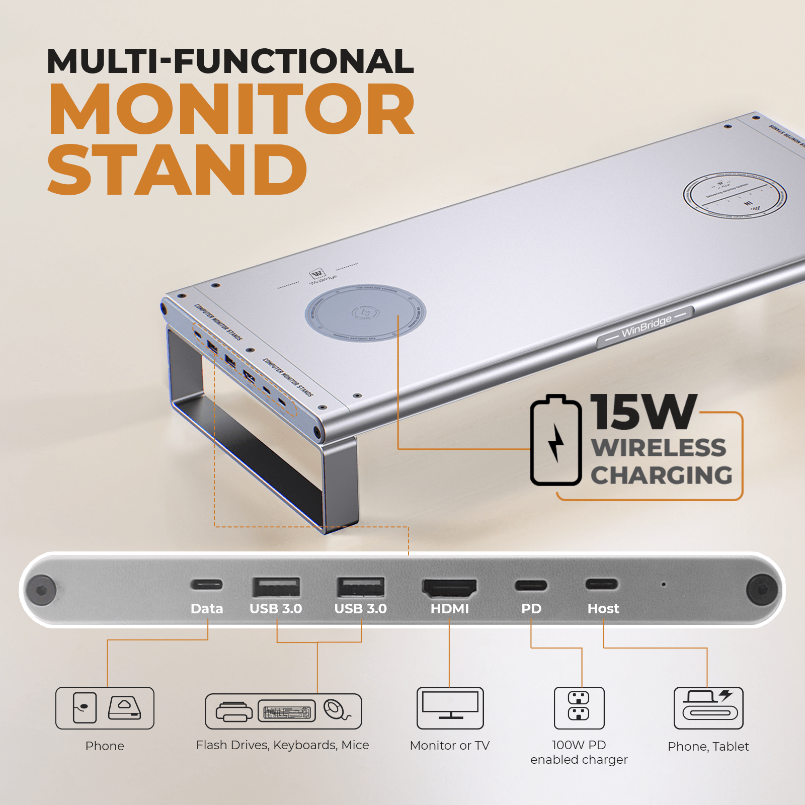 WinBridge Aluminum Monitor Stand with Wireless Charging, 6 - in - 1 USB - C Docking Station, Drawer, Desk Organizer for PC Monitor/Laptop Up to 27 inches - WinBridge