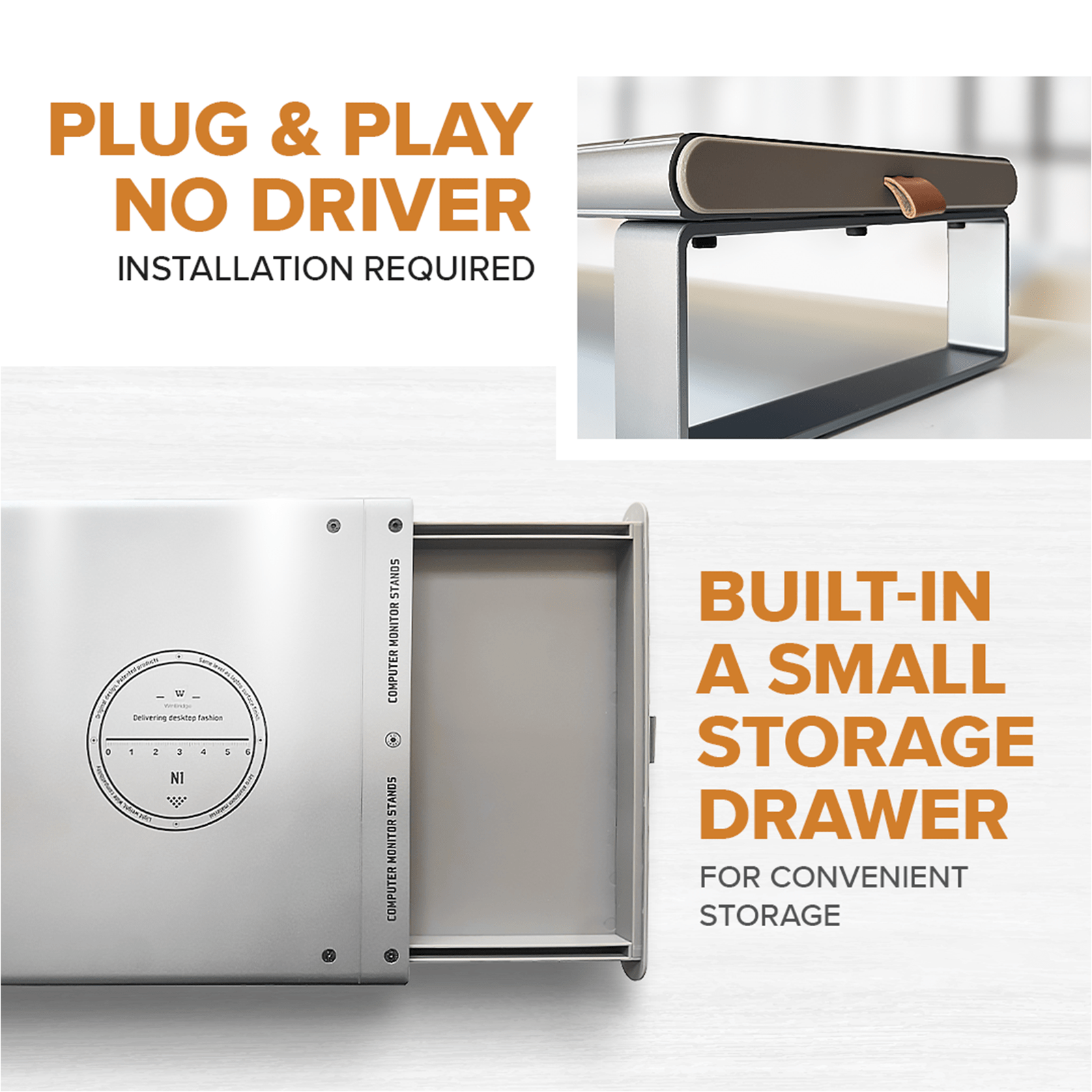 WinBridge Aluminum Monitor Stand with Wireless Charging, 6 - in - 1 USB - C Docking Station, Drawer, Desk Organizer for PC Monitor/Laptop Up to 27 inches - WinBridge