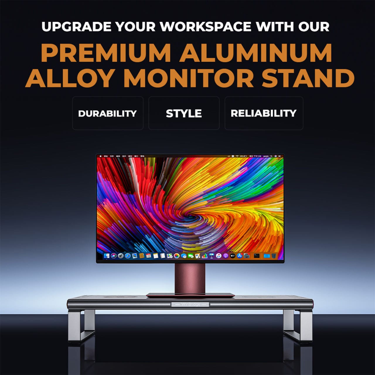 WinBridge Aluminum Monitor Stand with Wireless Charging, 6 - in - 1 USB - C Docking Station, Drawer, Desk Organizer for PC Monitor/Laptop Up to 27 inches - WinBridge