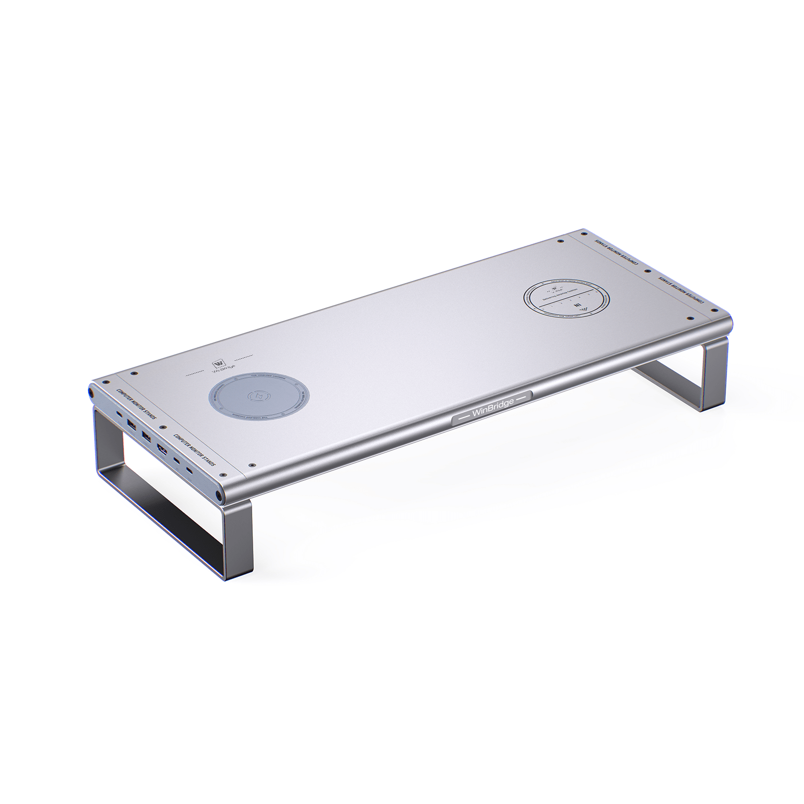 WinBridge Aluminum Monitor Stand with Wireless Charging, 6 - in - 1 USB - C Docking Station, Drawer, Desk Organizer for PC Monitor/Laptop Up to 27 inches - WinBridge