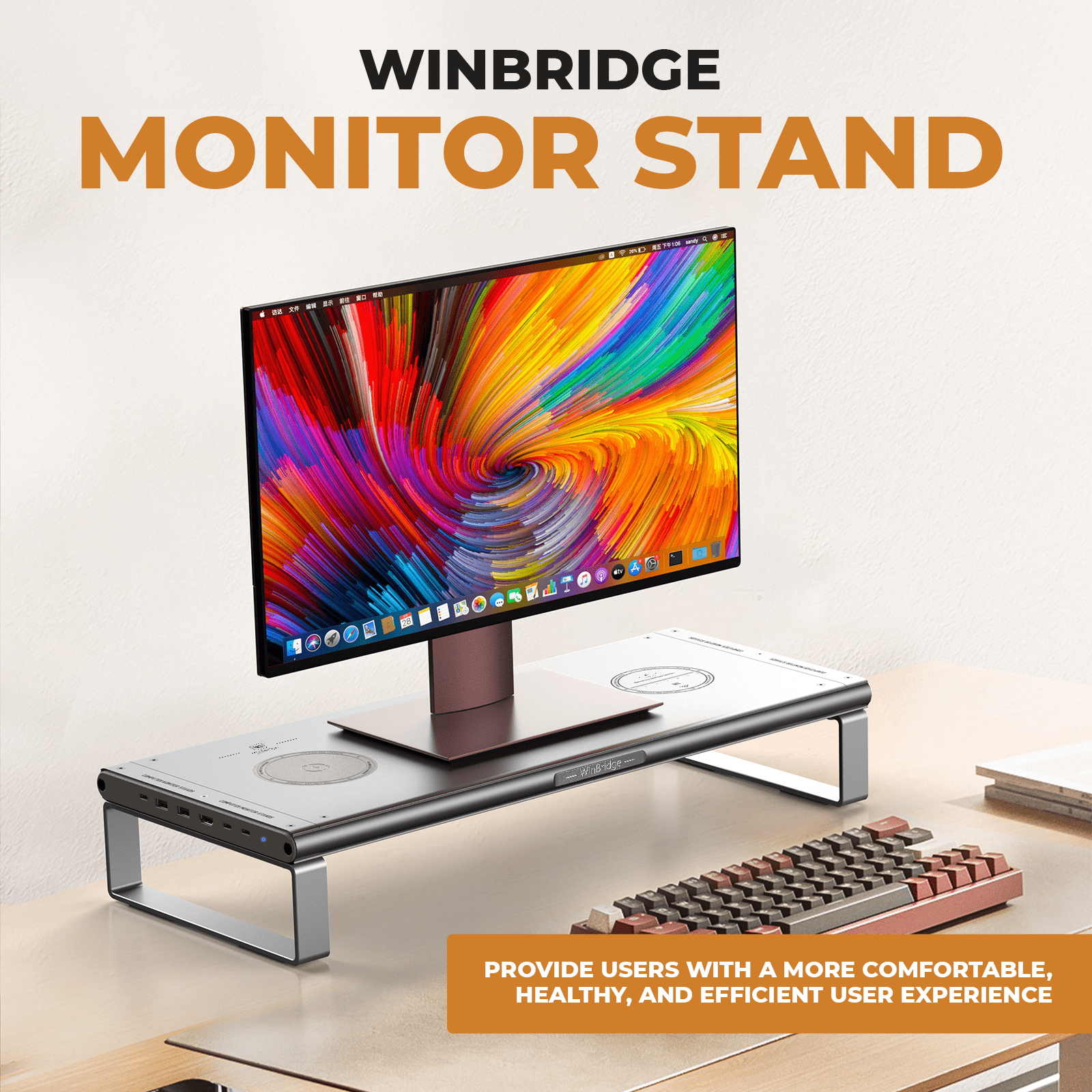 WinBridge Aluminum Monitor Stand with Wireless Charging, 6 - in - 1 USB - C Docking Station, Drawer, Desk Organizer for PC Monitor/Laptop Up to 27 inches - WinBridge