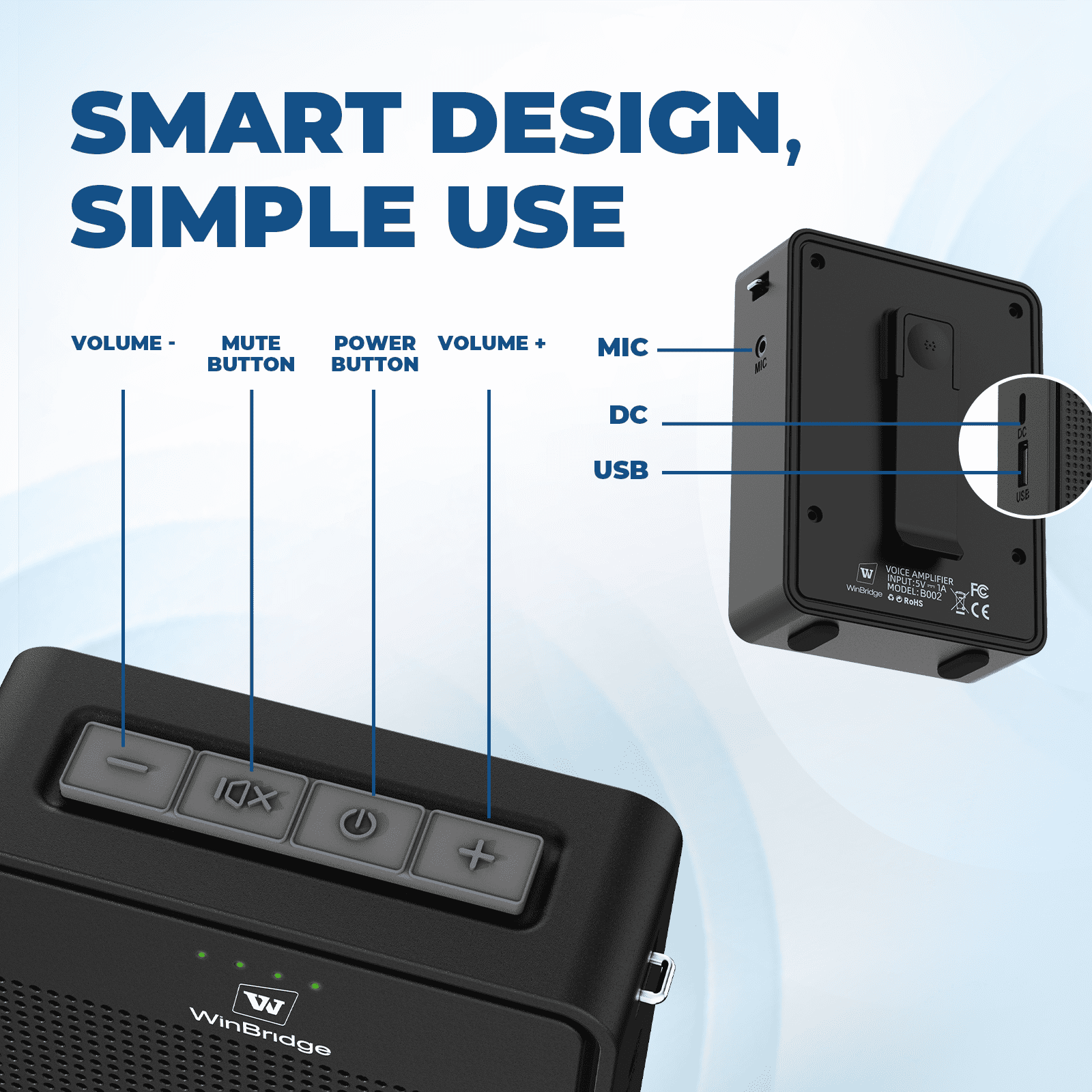 WinBridge B002 Voice Amplifier Wireless Microphone Headset, Portable Microphone and Speaker, 15W Megaphone Speaker with Bluetooth Mic, Personal PA System for Teachers, Classroom, Tour Guide - WinBridge