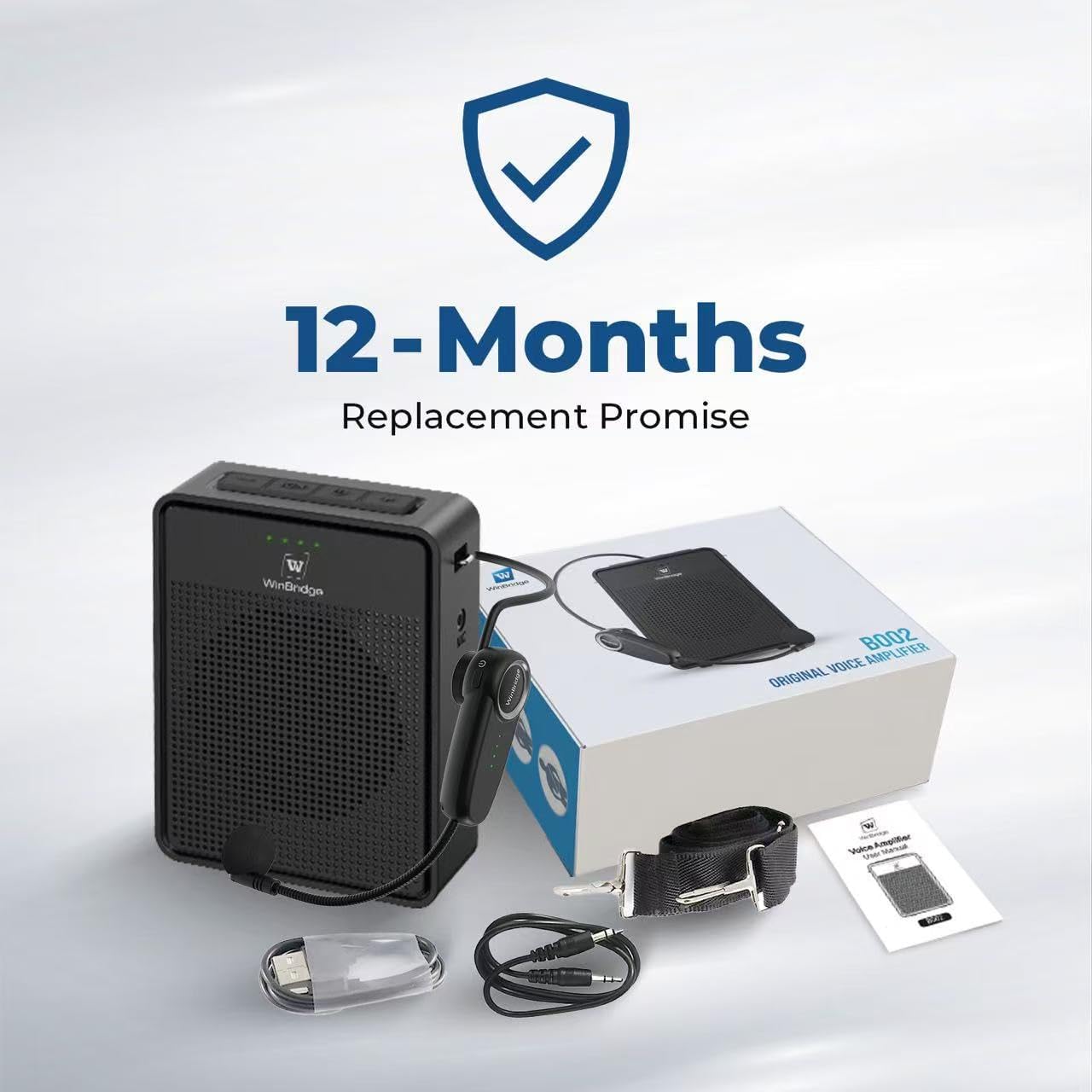 WinBridge B002 Voice Amplifier Wireless Microphone Headset, Portable Microphone and Speaker, 15W Megaphone Speaker with Bluetooth Mic, Personal PA System for Teachers, Classroom, Tour Guide - WinBridge