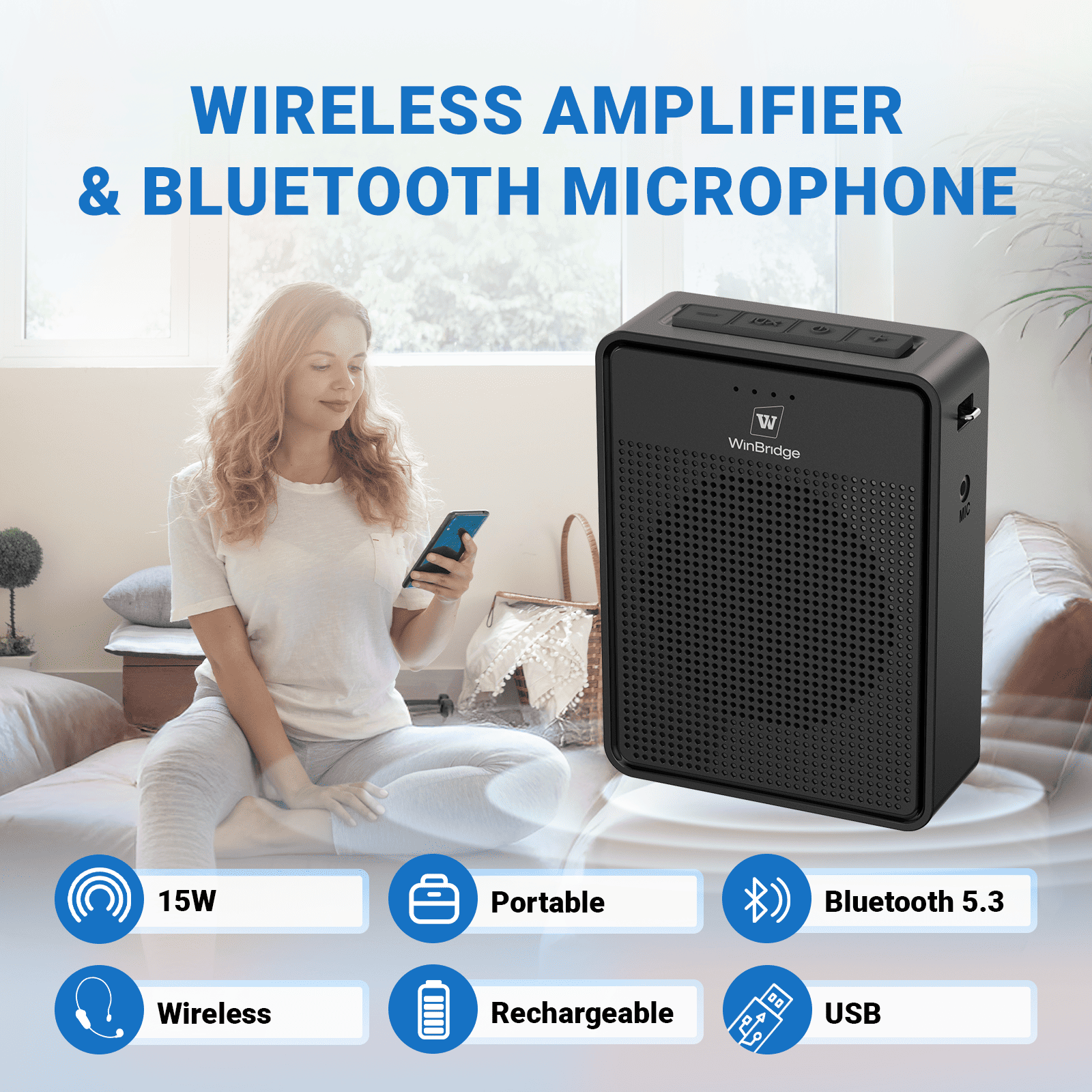 WinBridge B002 Voice Amplifier Wireless Microphone Headset, Portable Microphone and Speaker, 15W Megaphone Speaker with Bluetooth Mic, Personal PA System for Teachers, Classroom, Tour Guide - WinBridge