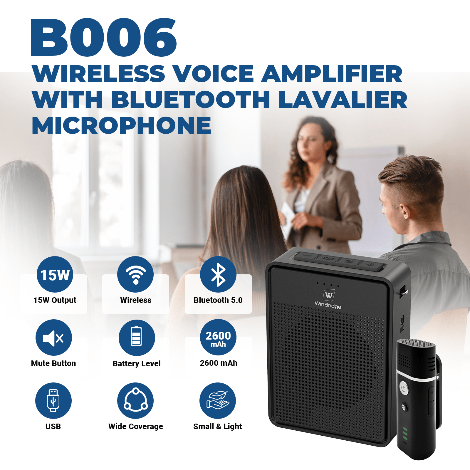 WinBridge B006 Voice Amplifier with Bluetooth Lavalier Microphone, Wireless Portable Microphone with Speaker, Mini Megaphone with Clip on/Lapel Mic for Teachers Classroom Tour Guide Meeting - WinBridge