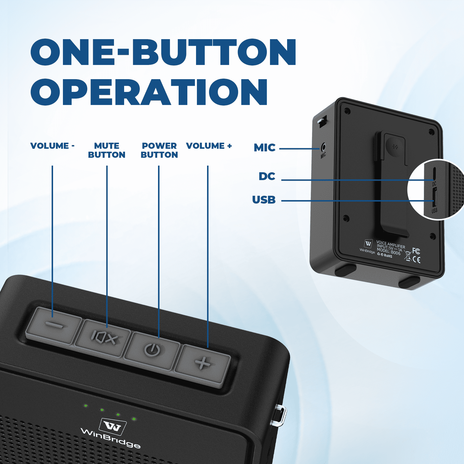 WinBridge B006 Voice Amplifier with Bluetooth Lavalier Microphone, Wireless Portable Microphone with Speaker, Mini Megaphone with Clip on/Lapel Mic for Teachers Classroom Tour Guide Meeting - WinBridge