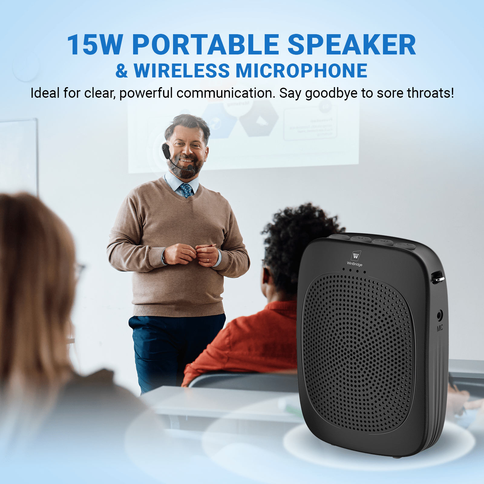 WinBridge C002 Wireless Voice Amplifier with Headset Microphone,Personal Wireless Bluetooth Amplifier with Mic,Teachers Microphone Wireless,Mini Megaphone Speaker,Portable PA System for Classroom - WinBridge