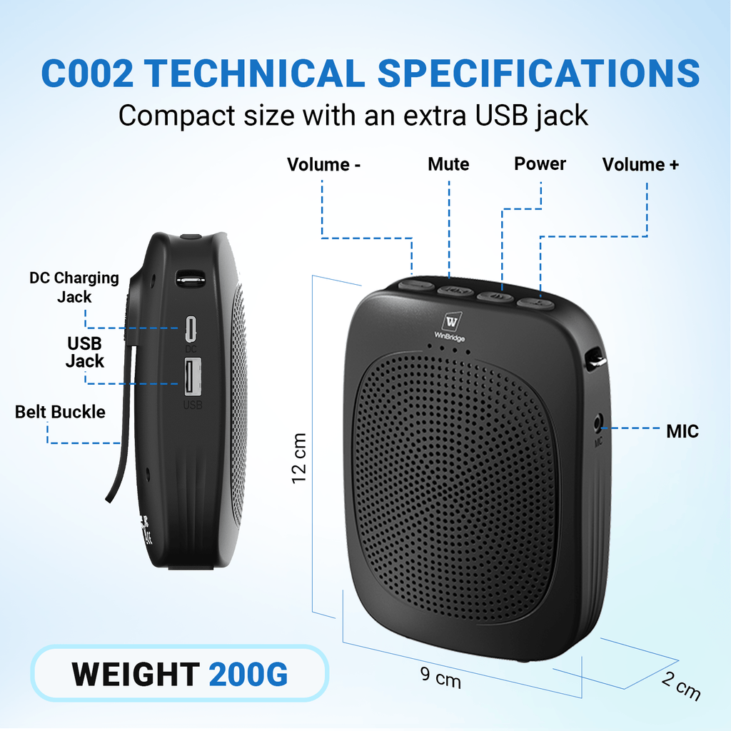 WinBridge C002 Wireless Voice Amplifier with Headset Microphone,Personal Wireless Bluetooth Amplifier with Mic,Teachers Microphone Wireless,Mini Megaphone Speaker,Portable PA System for Classroom - WinBridge