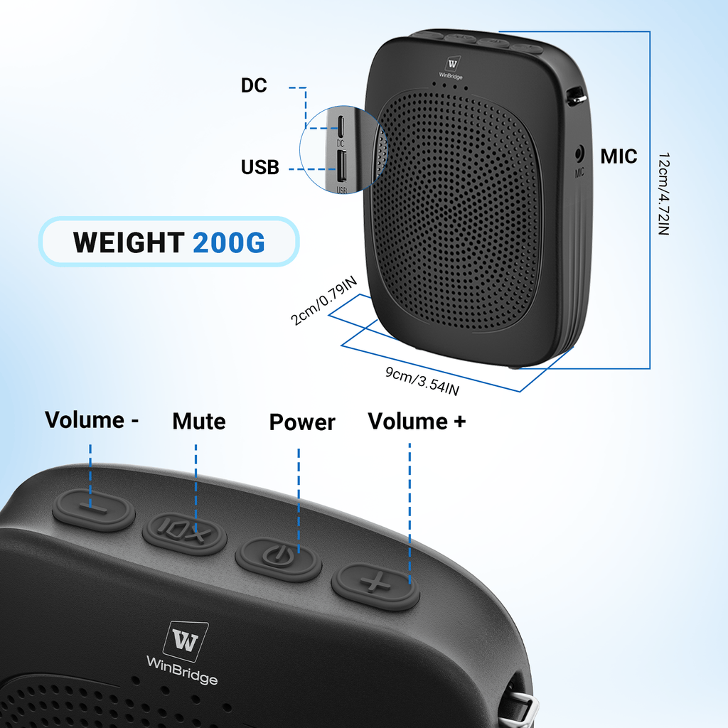 WinBridge C007 Bluetooth Voice Amplifier with Wireless Earhook Microphone,Wireless Microphone with Speaker Combo,Mini Megaphone with Wireless Amplifier Headset,Portable PA System for Teachers - WinBridge