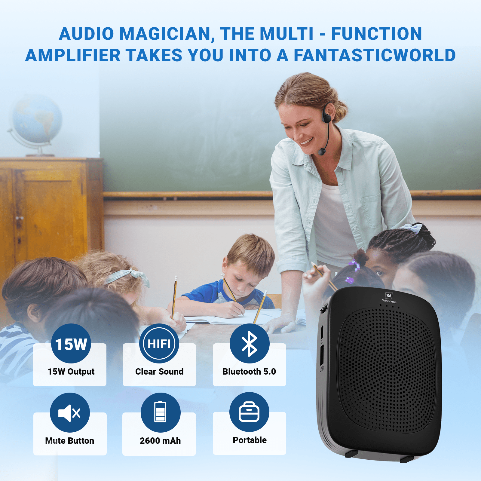 WinBridge C007 Bluetooth Voice Amplifier with Wireless Earhook Microphone,Wireless Microphone with Speaker Combo,Mini Megaphone with Wireless Amplifier Headset,Portable PA System for Teachers - WinBridge