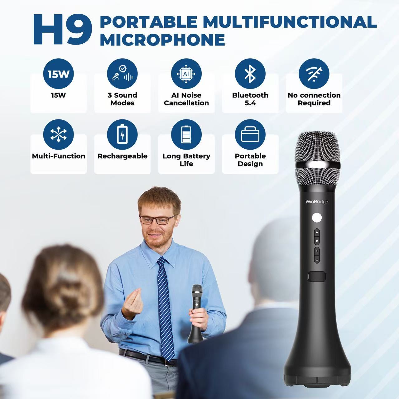 WinBridge H9 Bluetooth Microphone Wireless Voice Amplifier, Professional Intelligent Noise Cancelling Handheld/Desktop Mic Speaker, 15W PA System with 3 Sound Effects for Teaching Singing Speaking - WinBridge