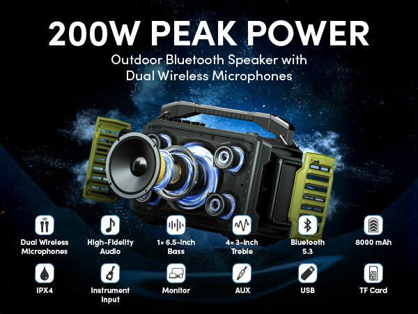 WinBridge K600 200W Portable Bluetooth Party Speaker with 2 Wireless Microphones - IPX4 Waterproof, Karaoke Machine, PA System for Outdoor/Indoor, Big Bass Pro Sound, Voice Amplifier for Teachers - WinBridge