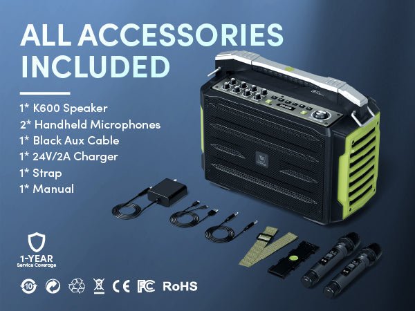 WinBridge K600 200W Portable Bluetooth Party Speaker with 2 Wireless Microphones - IPX4 Waterproof, Karaoke Machine, PA System for Outdoor/Indoor, Big Bass Pro Sound, Voice Amplifier for Teachers - WinBridge