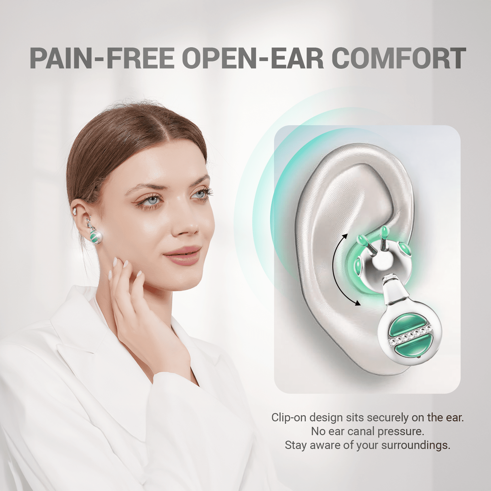 WinBridge LUX02 Fashion Bee Design Bluetooth Earbuds for Women, Silver & Emerald Semi - in - Ear, Open - Ear Comfort, Bluetooth 6.0, Clear Calls - WinBridge