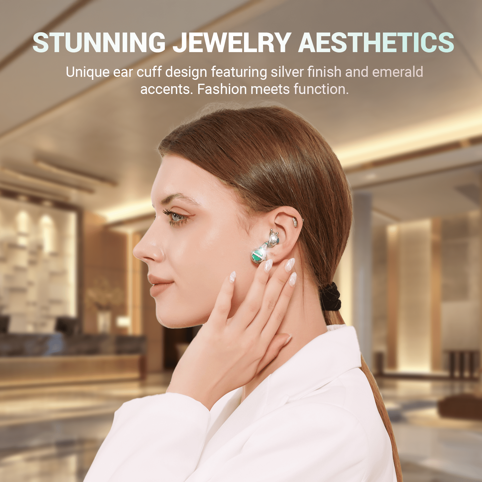 WinBridge LUX02 Fashion Bee Design Bluetooth Earbuds for Women, Silver & Emerald Semi - in - Ear, Open - Ear Comfort, Bluetooth 6.0, Clear Calls - WinBridge