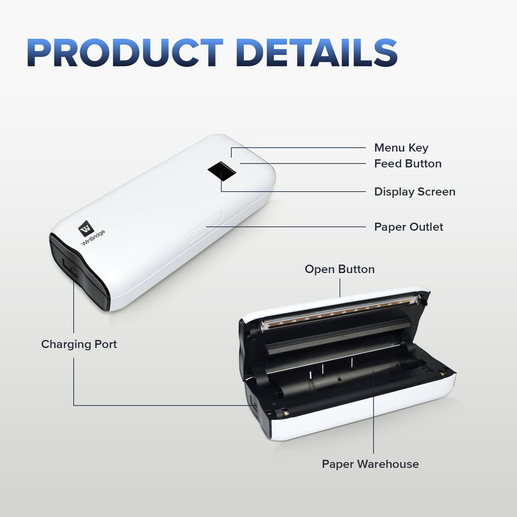 WinBridge Portable Bluetooth Mini Printer Support A4&A5 Thermal Paper, Compatible with iOS, Android & Laptop for Office, Home, School - WinBridge