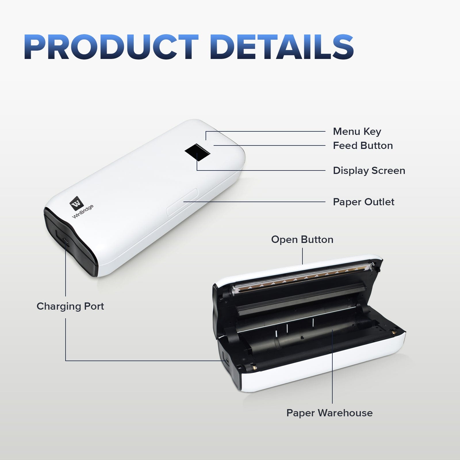 WinBridge Portable Bluetooth Mini Printer Support A4&A5 Thermal Paper, Compatible with iOS, Android & Laptop for Office, Home, School - WinBridge