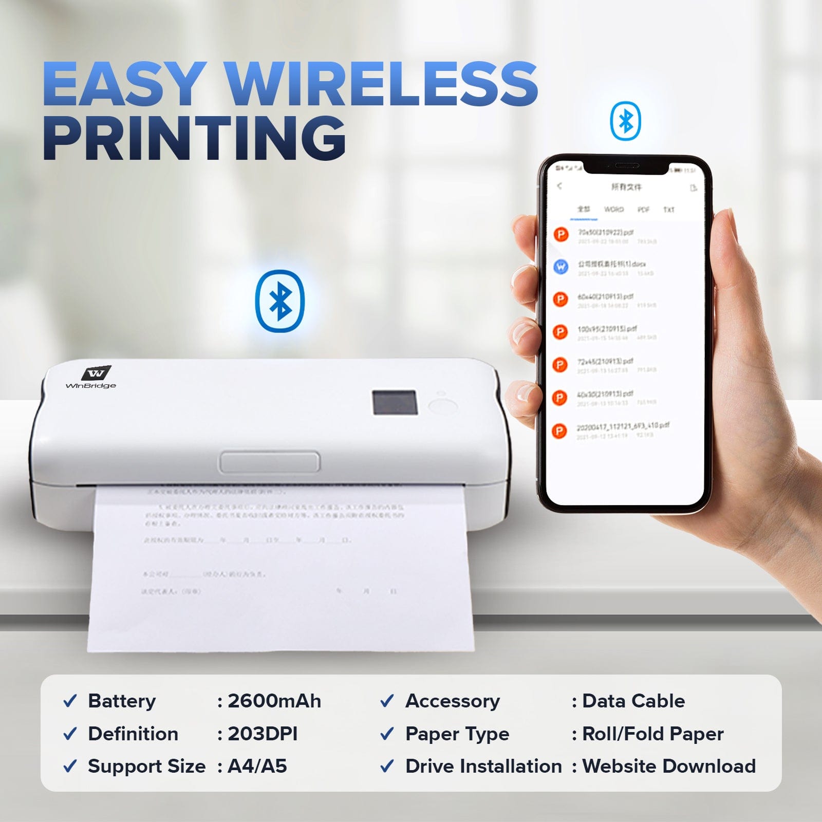 WinBridge Portable Bluetooth Mini Printer Support A4&A5 Thermal Paper, Compatible with iOS, Android & Laptop for Office, Home, School - WinBridge