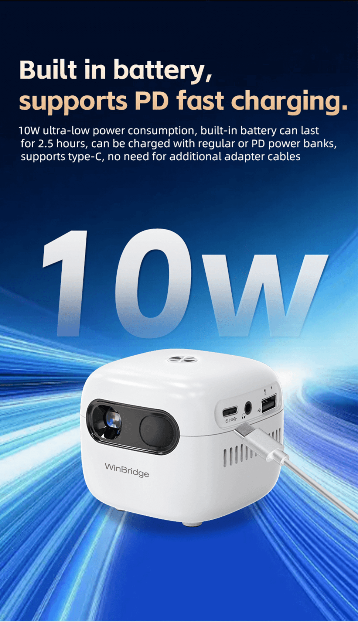 WinBridge Q8 Smart Projector 1080p Full HD Portable Mini Projector with WiFi,Bluetooth,HDMI&USB,Auto Focus and Auto Keystone Correction - WinBridge