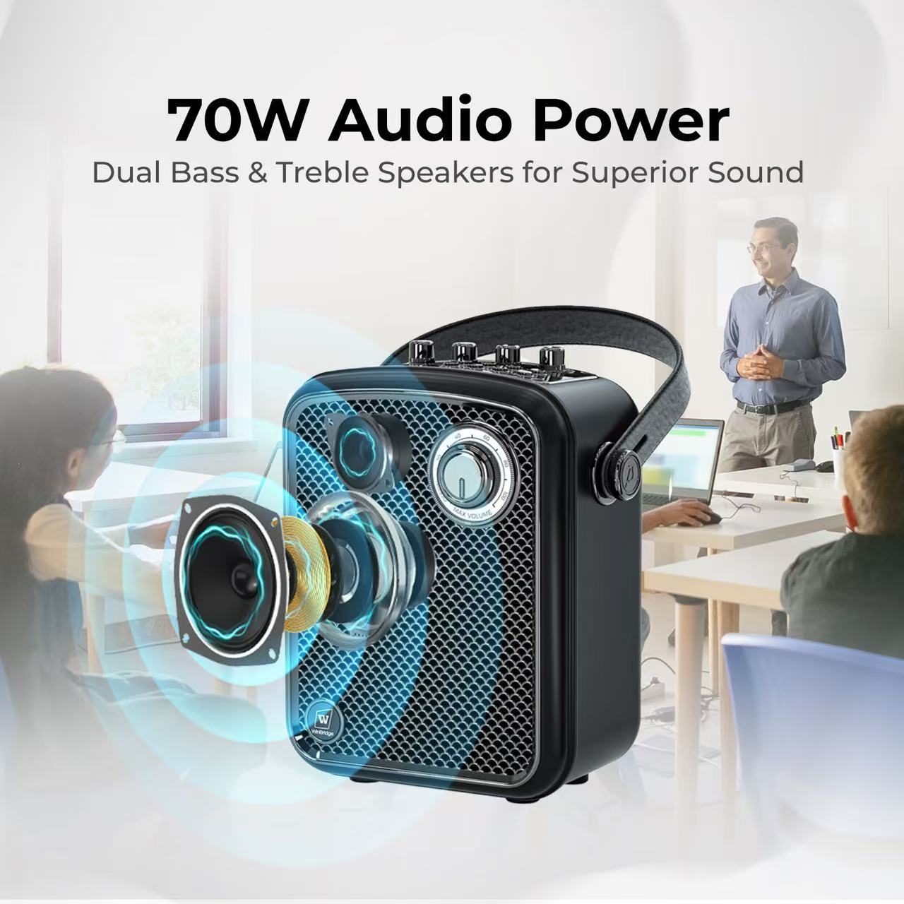 WinBridge S100 Pro Voice Amplifier with 2 Wireless Microphones, 70W Portable Bluetooth Speaker with Mic, Small PA Speaker System, Karaoke Machine for Teachers, Public Speaking, Events, Singing - WinBridge