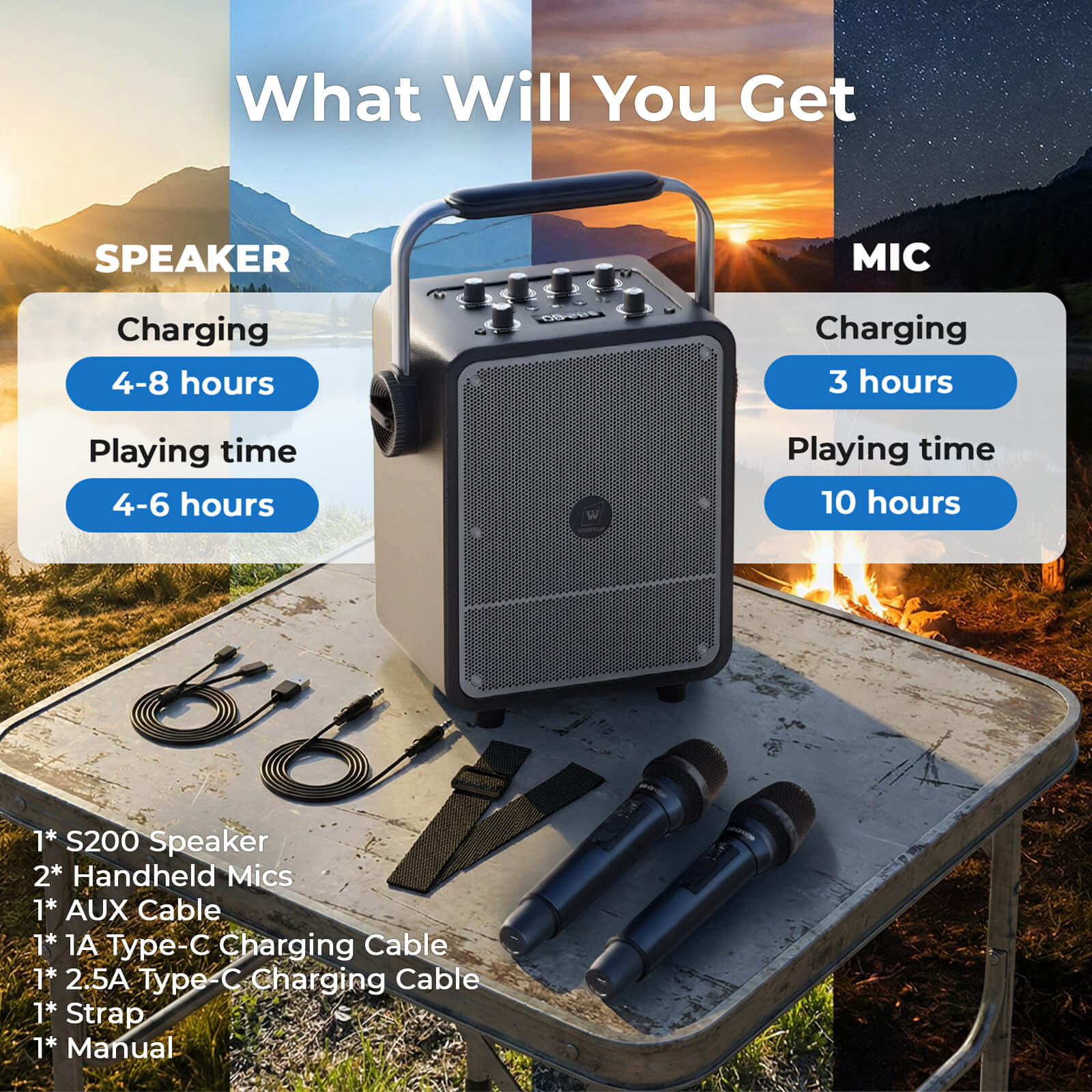 WinBridge S200 150W High - Power Karaoke Machine with 2 Wireless Microphones, Premium Voice Amplifier/PA System, Portable Bluetooth Speaker with Microphone for Party, Outdoor, Classroom, Singing, Guitar Amp - WinBridge