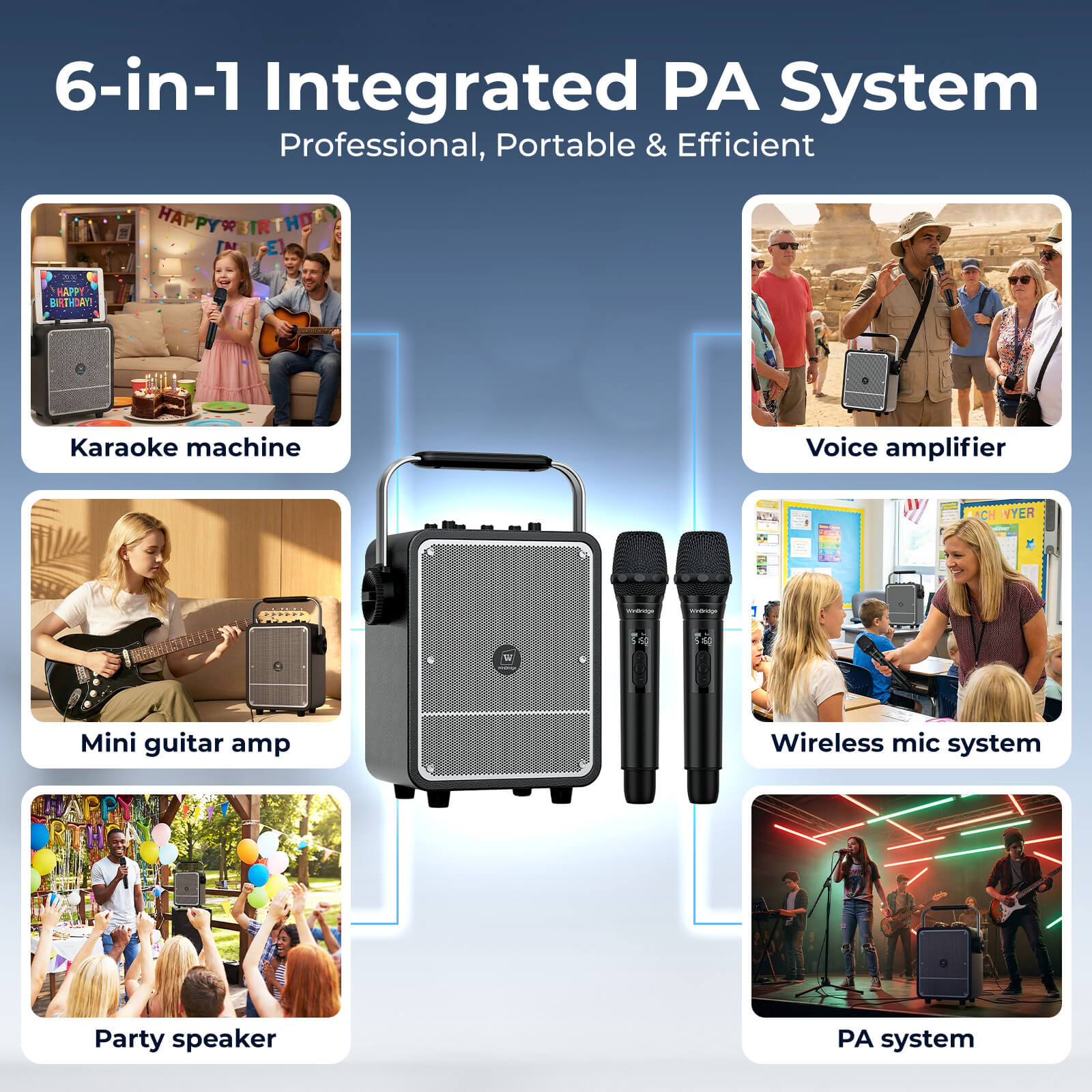 WinBridge S200 150W High - Power Karaoke Machine with 2 Wireless Microphones, Premium Voice Amplifier/PA System, Portable Bluetooth Speaker with Microphone for Party, Outdoor, Classroom, Singing, Guitar Amp - WinBridge