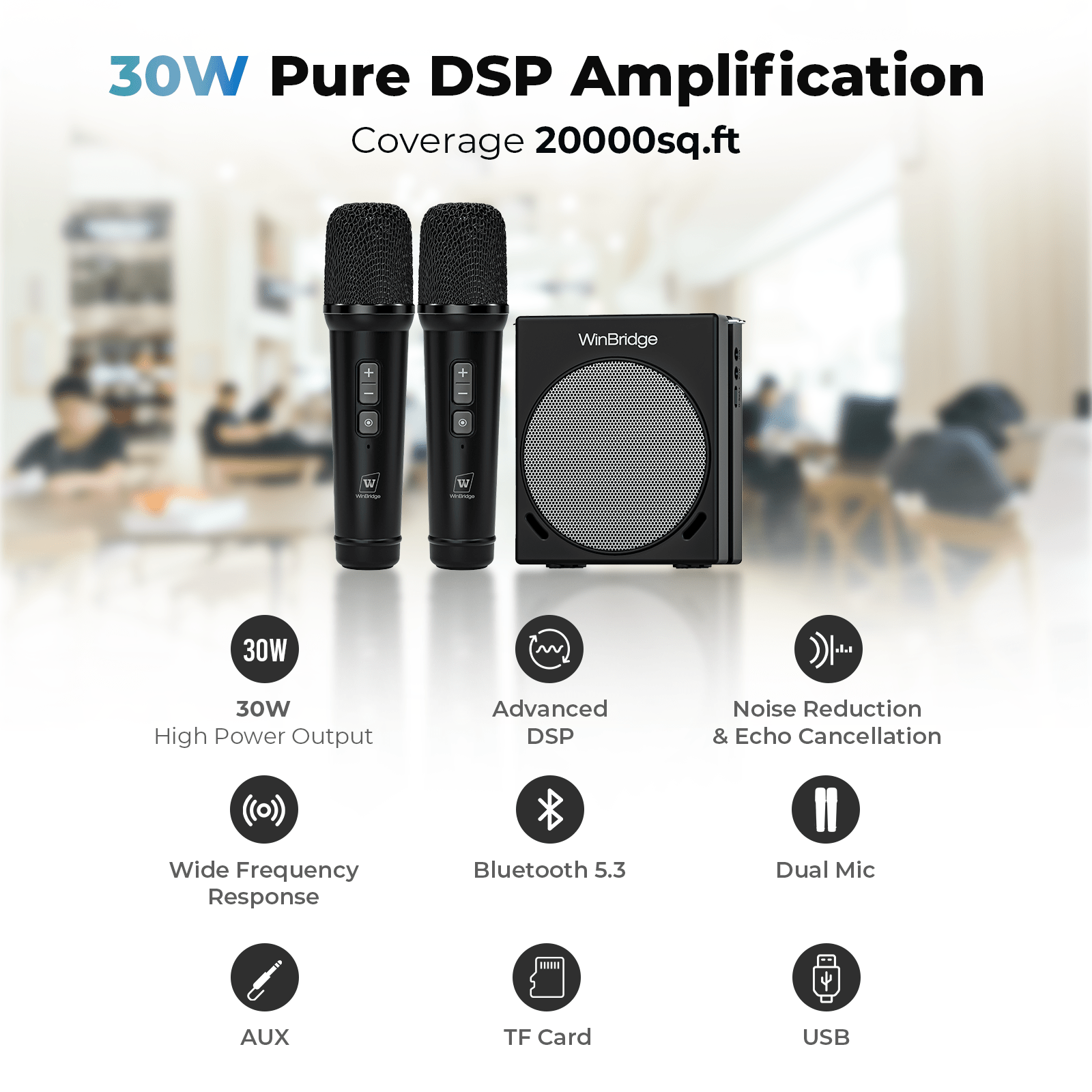 WinBridge S90 Voice Amplifier with 2 Wireless Handheld Microphones, 30W Portable PA System Speaker, HD Clear Sound & Powerful Bass, Bluetooth Mic & Karaoke Machine for Teachers, Tour Guide, Singing - WinBridge