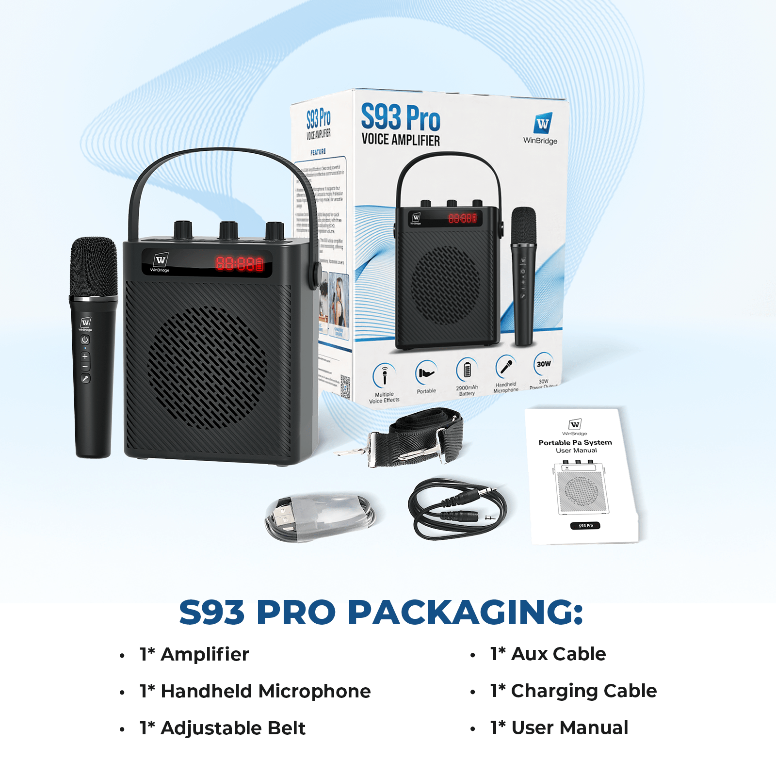 WinBridge S93 Pro Voice Amplifier with Wireless Microphone & Speaker - Portable Mini Bluetooth PA System with Handheld Mic, 30W Ultra - Light Rechargeable Megaphone for Teachers, Speech & Events - WinBridge