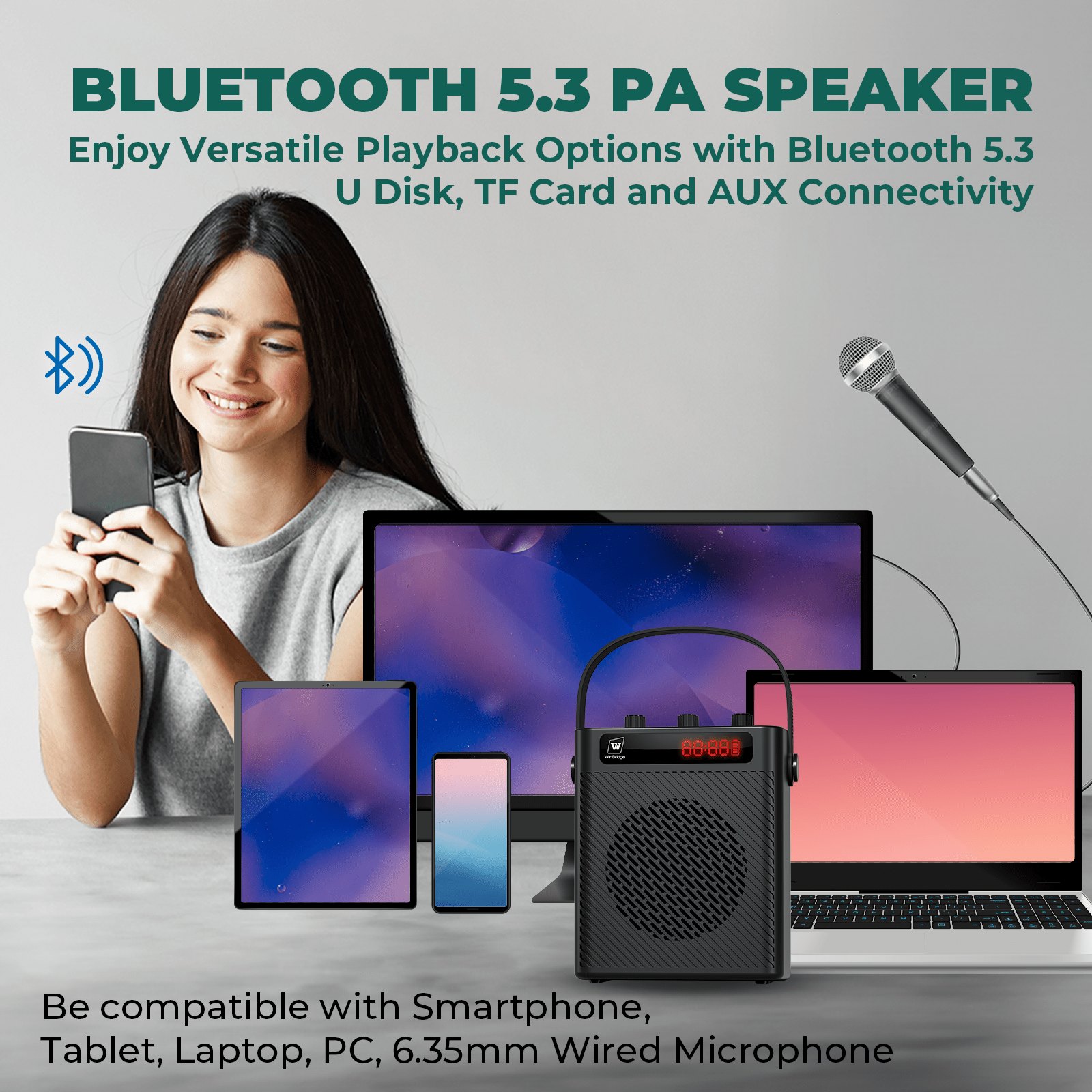 WinBridge S93 Voice Amplifier Wireless Microphone 30W Portable Lightweight Bluetooth 5.3 Mini Pa System for Teachers, 2900mAh Rechargeable Small Speaker with Headset Mic for Classroom, Speaking - WinBridge