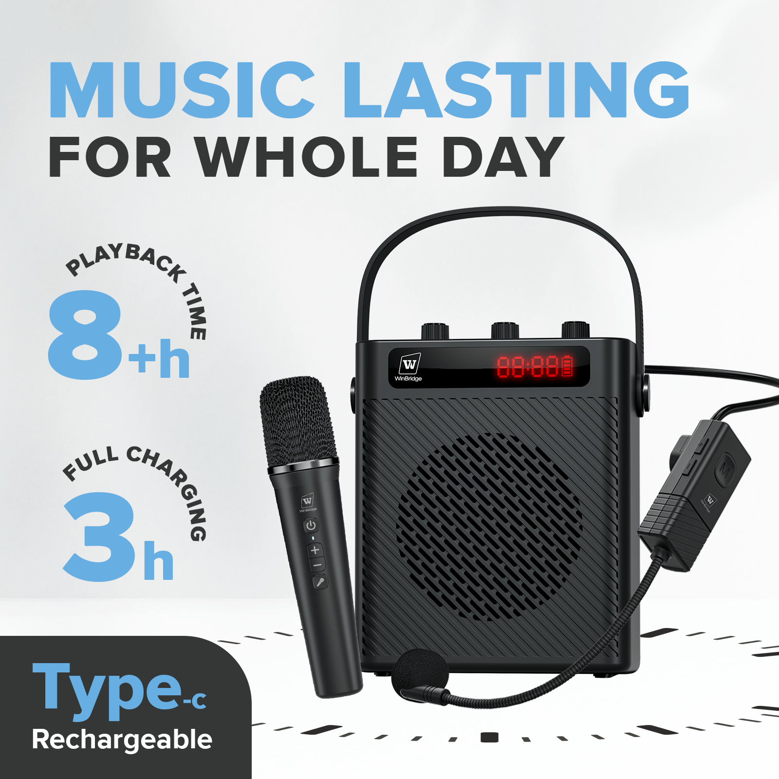 WinBridge S95 Bluetooth 5.3 Voice Amplifier with Wireless Headset Mirophone&Handheld Mic, 4 Sound Effects, Personal Megaphone Pa System Speaker for Teachers Indoor Outdoor Party - WinBridge