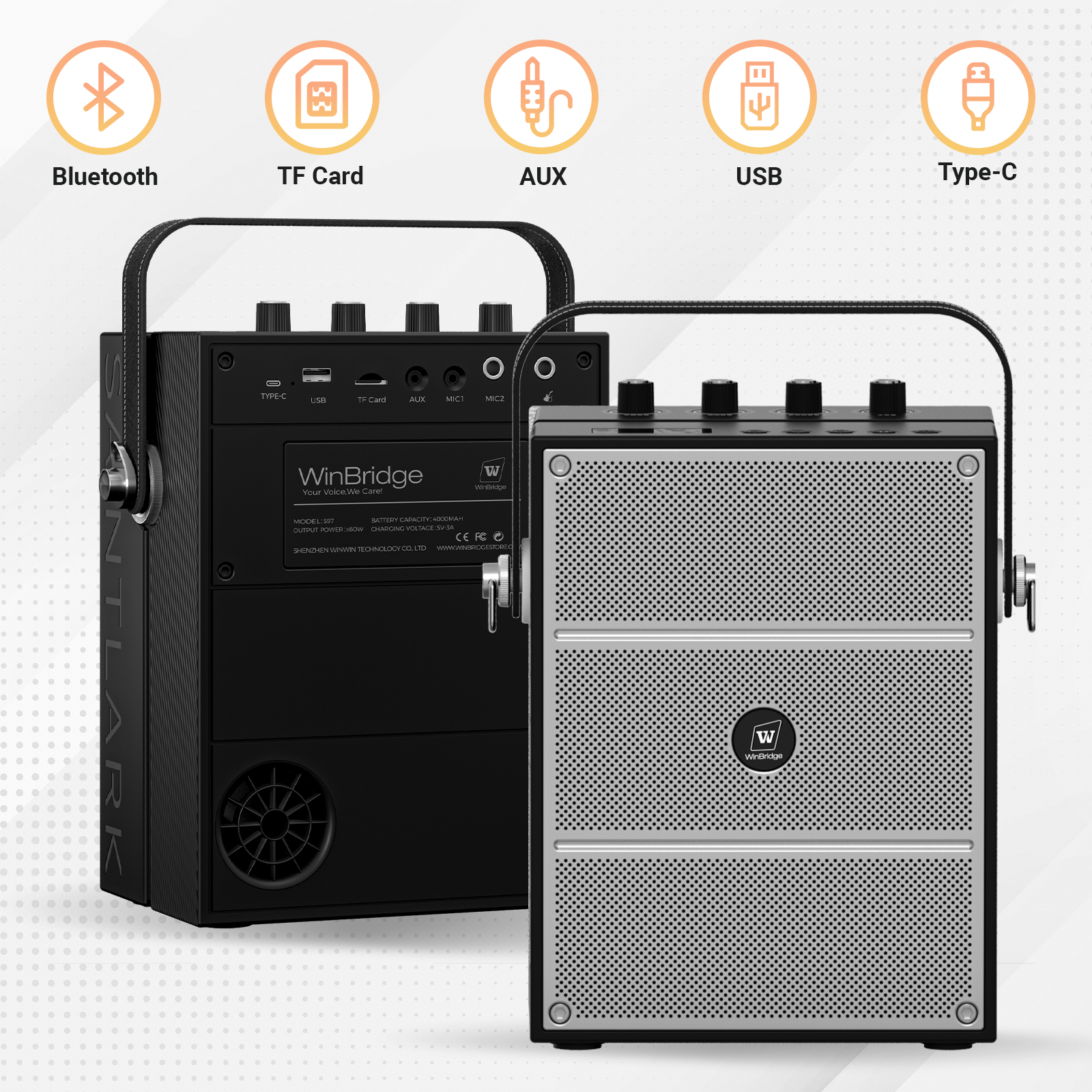 WinBridge S97 60W Powerful Wireless Voice Amplifier with Handheld and Headset Microphones for Teachers,Portable PA System with Sound Effects, Karaoke Speaker and Mic System Support Guitar Play - WinBridge