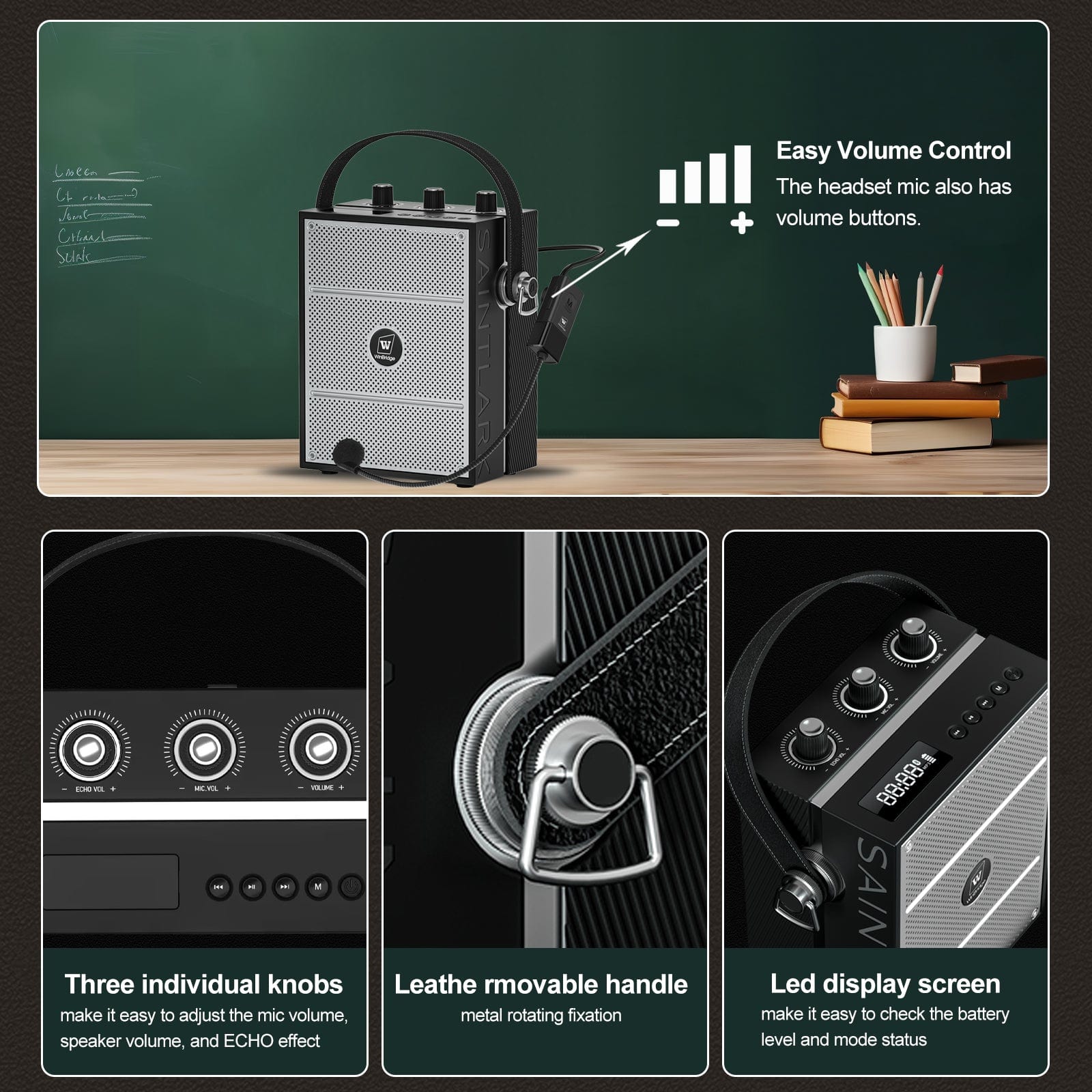 WinBridge S98 40W Wireless Voice Amplifier Portable Bluetooth 5.3 PA System with UHF Wireless Mic Headset, Echo, Easy Volume Control, Megaphone Speaker and Microphone Set for Teachers, Indoor/Outdoor Events - WinBridge