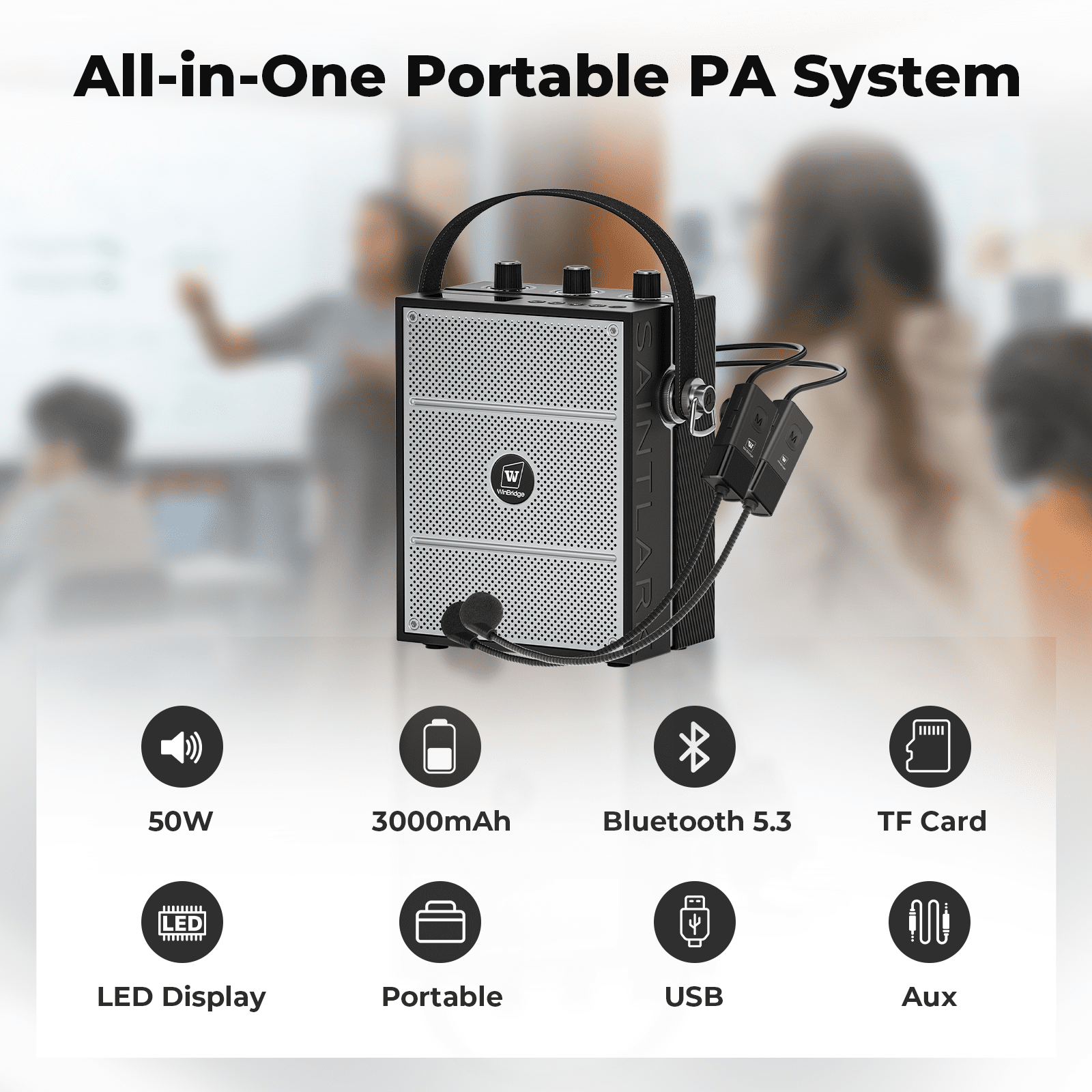 WinBridge S98 Plus 50W Voice Amplifier with 2 Headset Microphones,Microphone with Speaker, Portable Sound System with Microphone,Bluetooth Speaker Megaphone for Teachers, Classroom, Outdoor, Events - WinBridge
