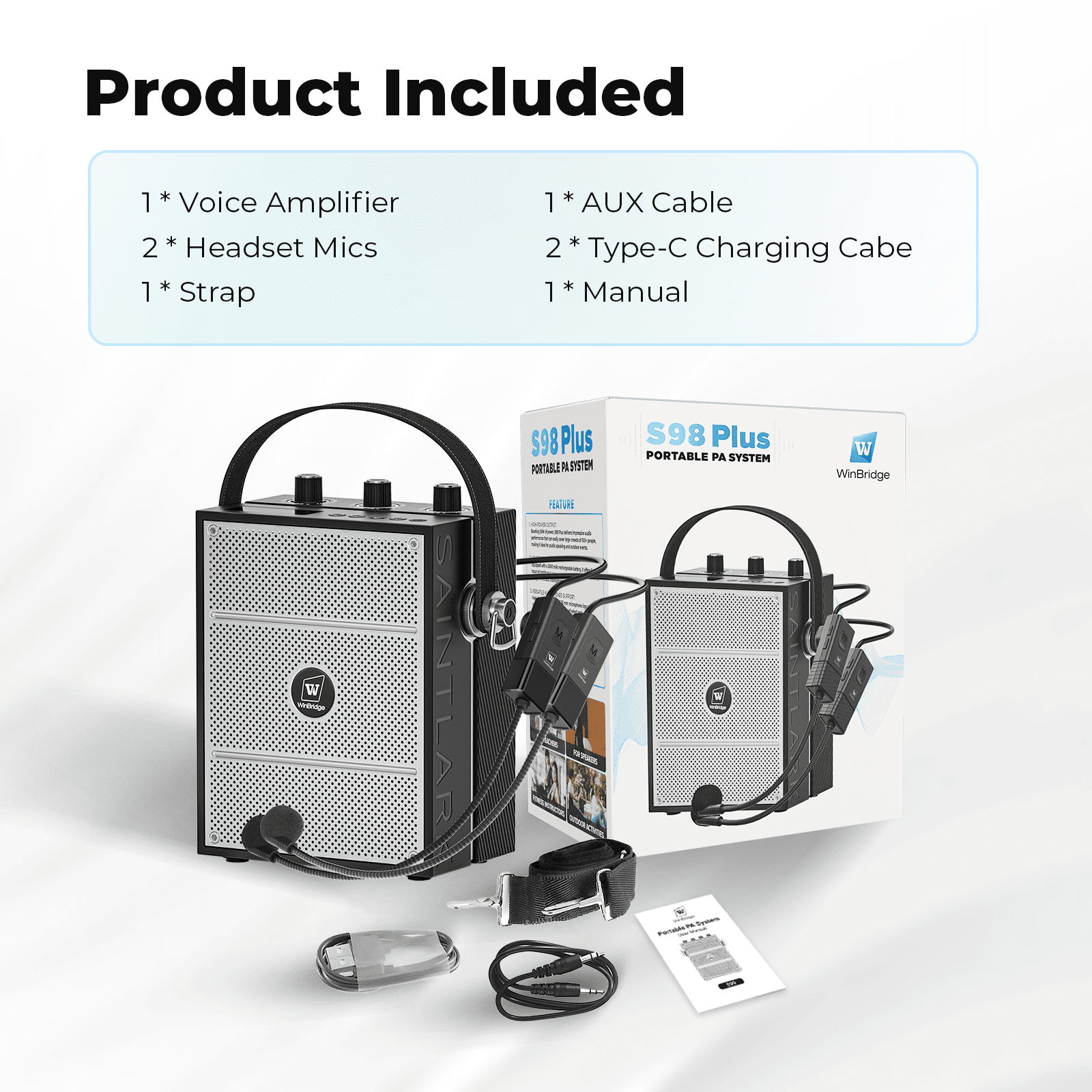 WinBridge S98 Plus 50W Voice Amplifier with 2 Headset Microphones,Microphone with Speaker, Portable Sound System with Microphone,Bluetooth Speaker Megaphone for Teachers, Classroom, Outdoor, Events - WinBridge
