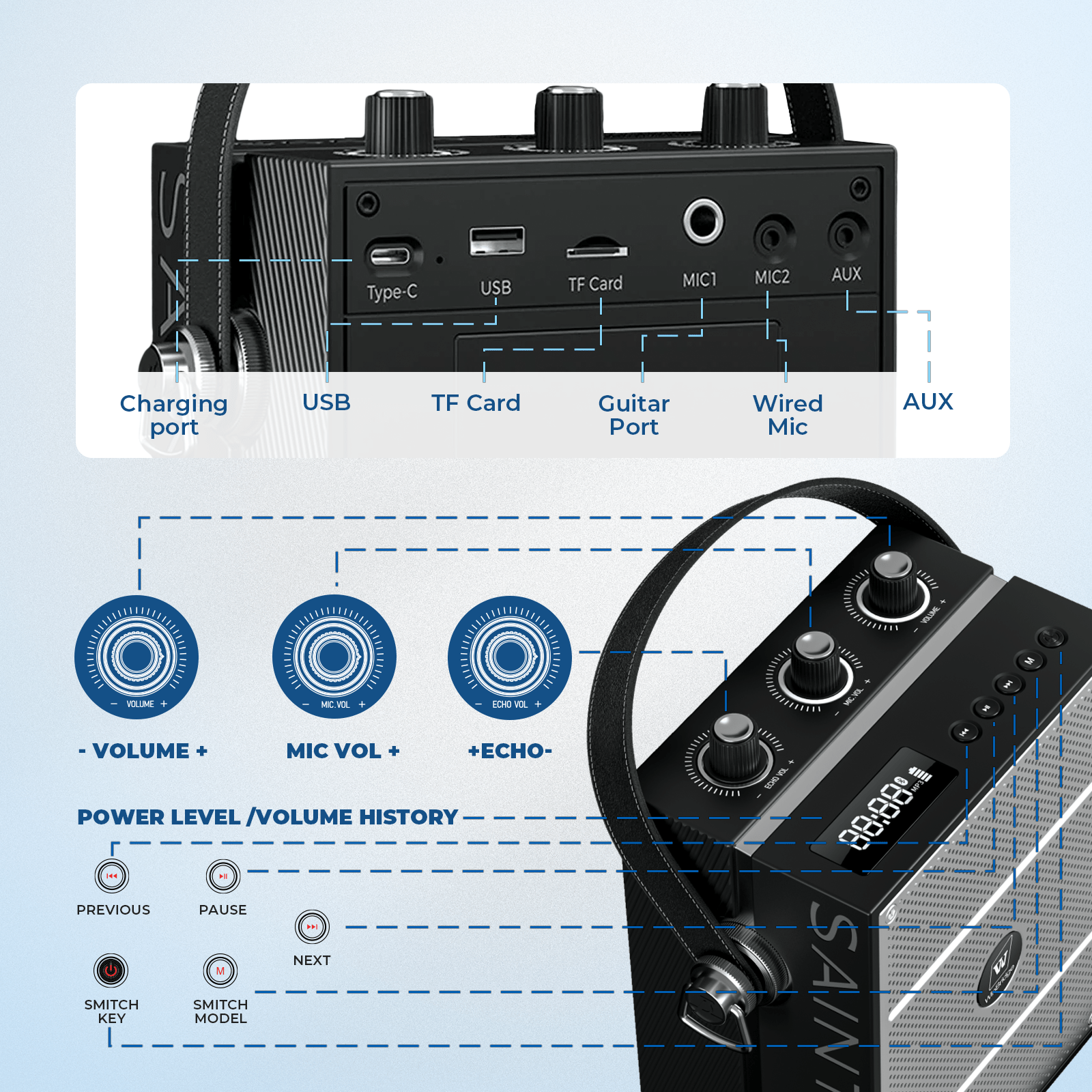 WinBridge S98 Pro Wireless Voice Amplifier with Handheld Microphone, Portable Speaker and Microphones for Teachers & Events, Wireless Karaoke Mic for Singing, PA System with Echo & Sound Effects - WinBridge