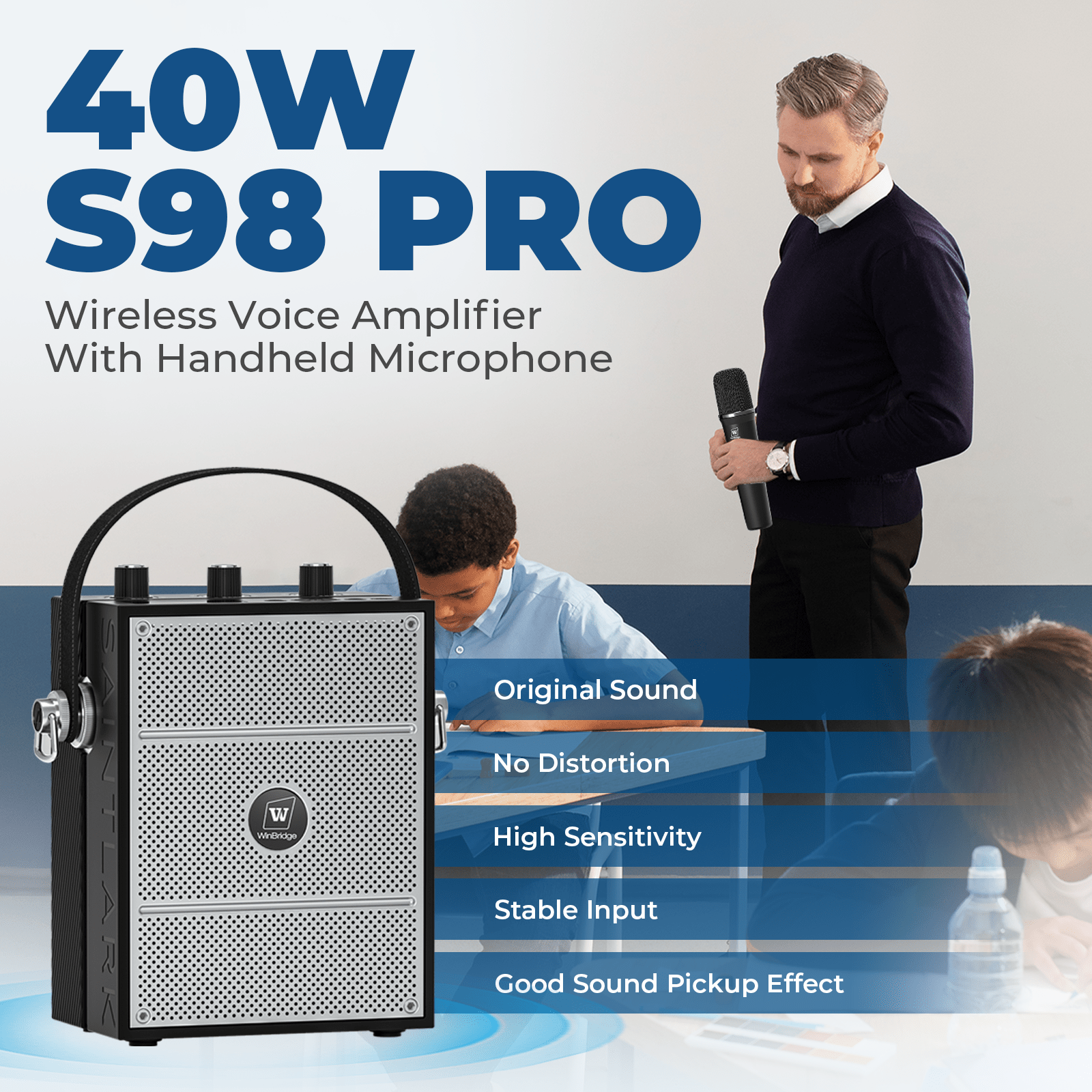 WinBridge S98 Pro Wireless Voice Amplifier with Handheld Microphone, Portable Speaker and Microphones for Teachers & Events, Wireless Karaoke Mic for Singing, PA System with Echo & Sound Effects - WinBridge