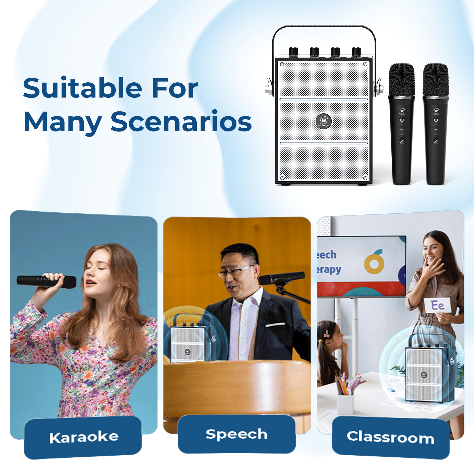WinBridge S99 100W Powerful Wireless Voice Amplifier with Two Handheld Microphones for Teachers,Portable PA System with Sound Effects, Karaoke Speaker and Mic System Support Guitar Play - WinBridge