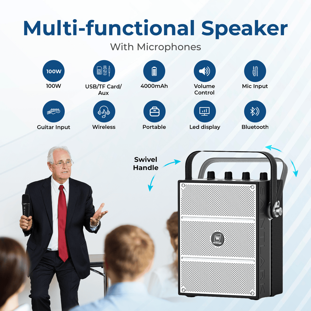 WinBridge S99 100W Powerful Wireless Voice Amplifier with Two Handheld Microphones for Teachers,Portable PA System with Sound Effects, Karaoke Speaker and Mic System Support Guitar Play - WinBridge