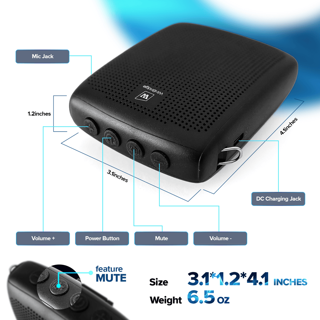 WinBridge WB003 Portable Voice Amplifier with Wired Headset Microphone,Support Bluetooth Play Music,Personal Speaker and Microphone for Teachers, Megaphone Microphone Headset with Belt Clip and Strap - WinBridge